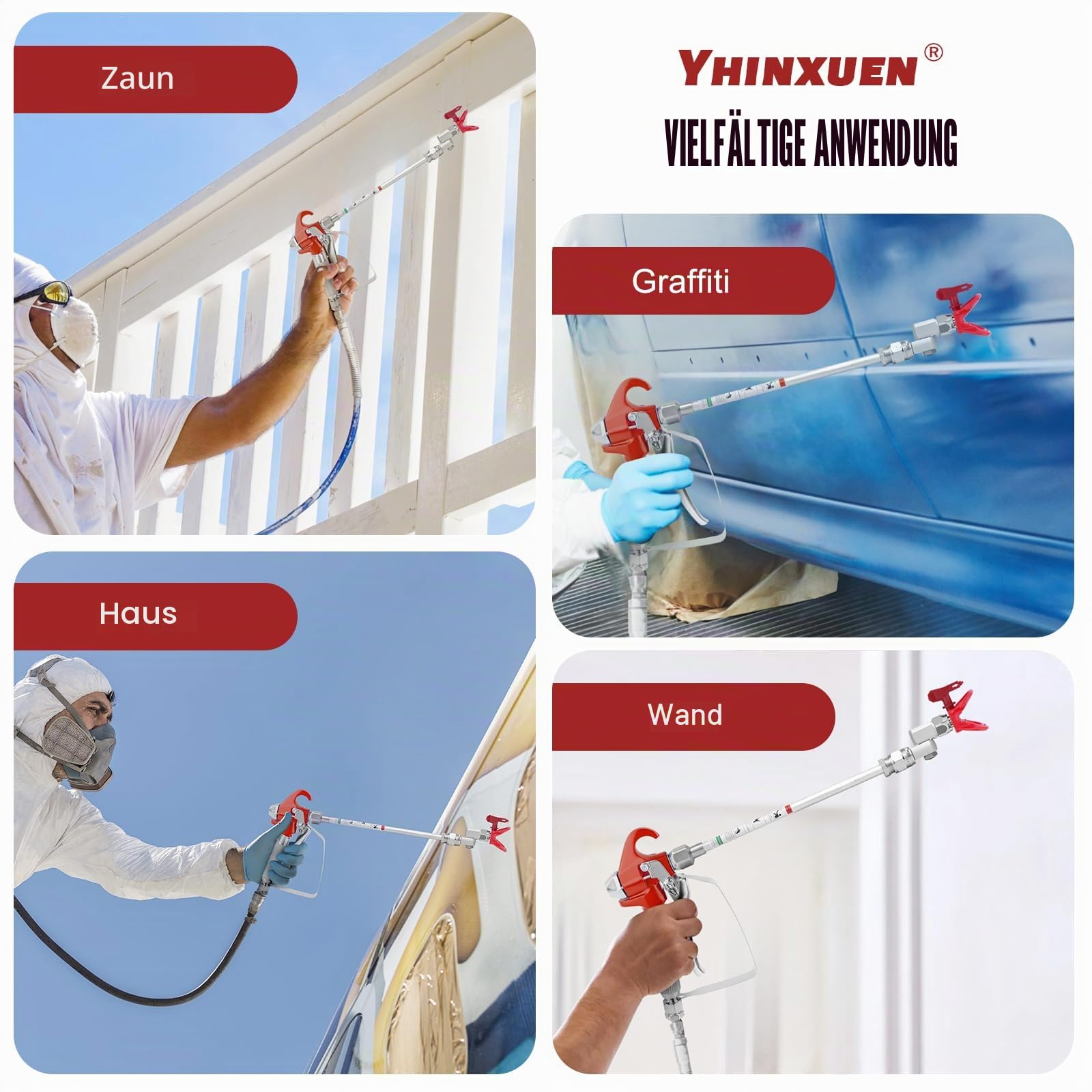 16-teiliges Airless-Spritzpistole-Kit mit 3600 psi Airless-Spritzpistole, 1-Düsenschutz, 5-Düsen, 2-Verlängerungsstäben, 1-Schwenkgelenk, 5-Filter und 1-Aufbewahrungsbox