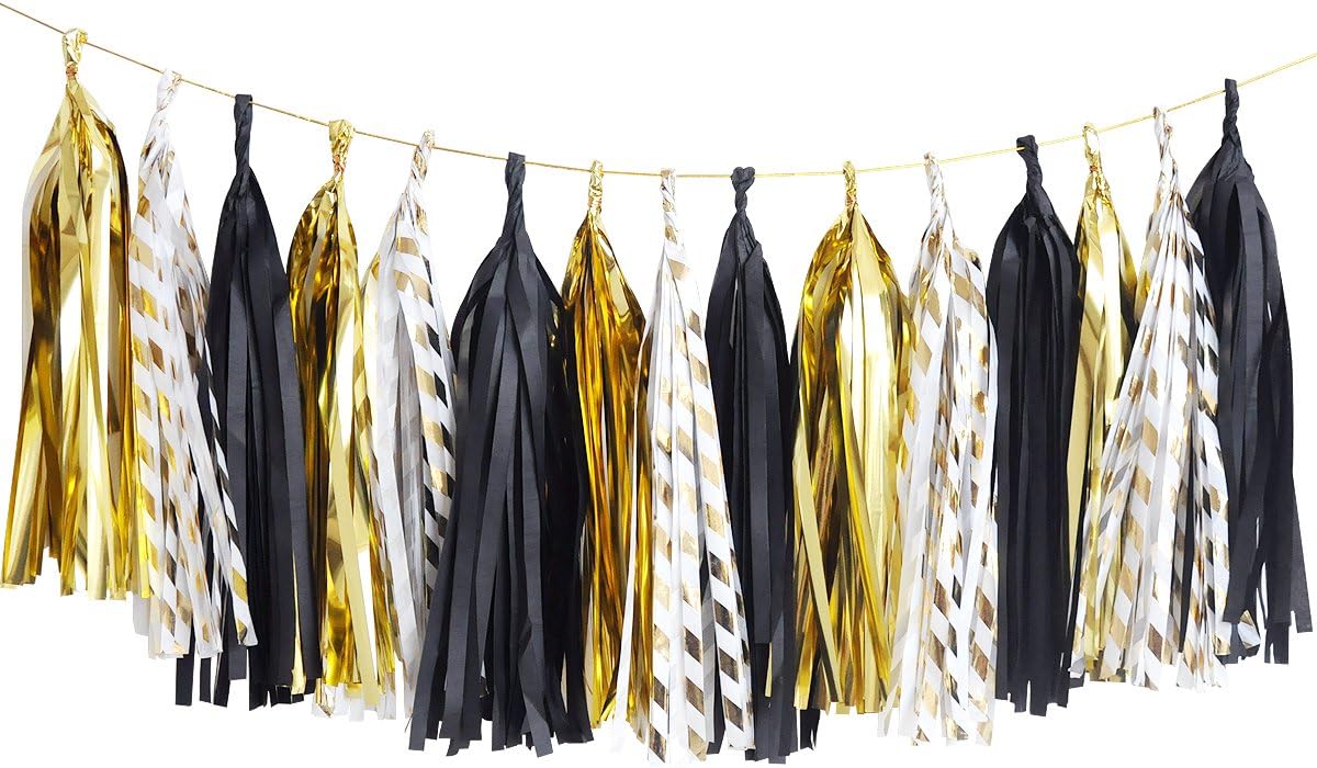 NICROLANDEE Black Gold Graduation Party Decorations, 15PCS Black Gold Tissue Paper Tassel Garland for Birthday, Wedding, Bridal Shower, Bachelorette Party, 2026 New Year's Eve Party Supplies