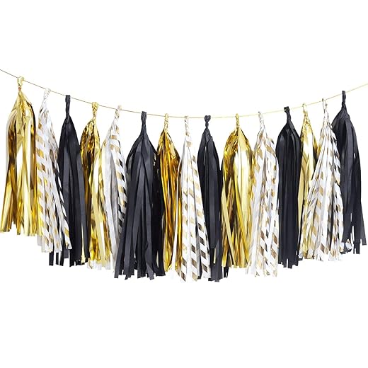 NICROLANDEE Black Gold Graduation Party Decorations, 15PCS Black Gold Tissue Paper Tassel Garland for Birthday, Wedding, Bridal Shower, Bachelorette Party, 2026 New Year's Eve Party Supplies