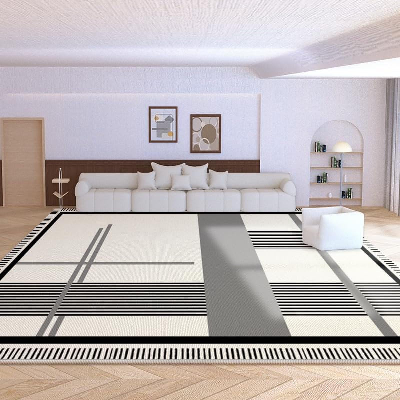 Tapis géométriques modernes noir beige gris grand format au tissage doux
