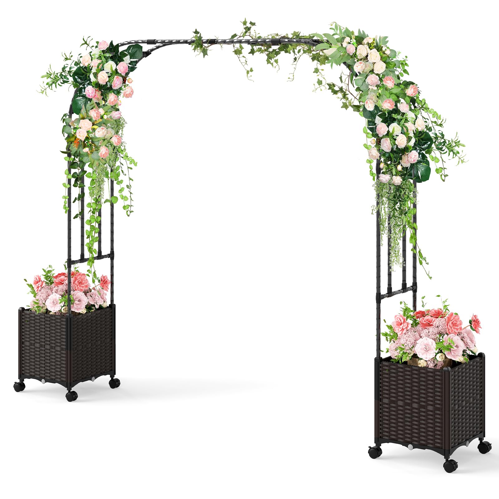 GOPLUS Rosenbogen mit Pflanzkästen, Gartenbogen mit Metallrahmen, selbstbewässernden Pflanzkästen mit Rollen, Torbogen Garten, Rosen Rankhilfe, Pergola mit Blumenkasten (288 x 40 x 202 cm)