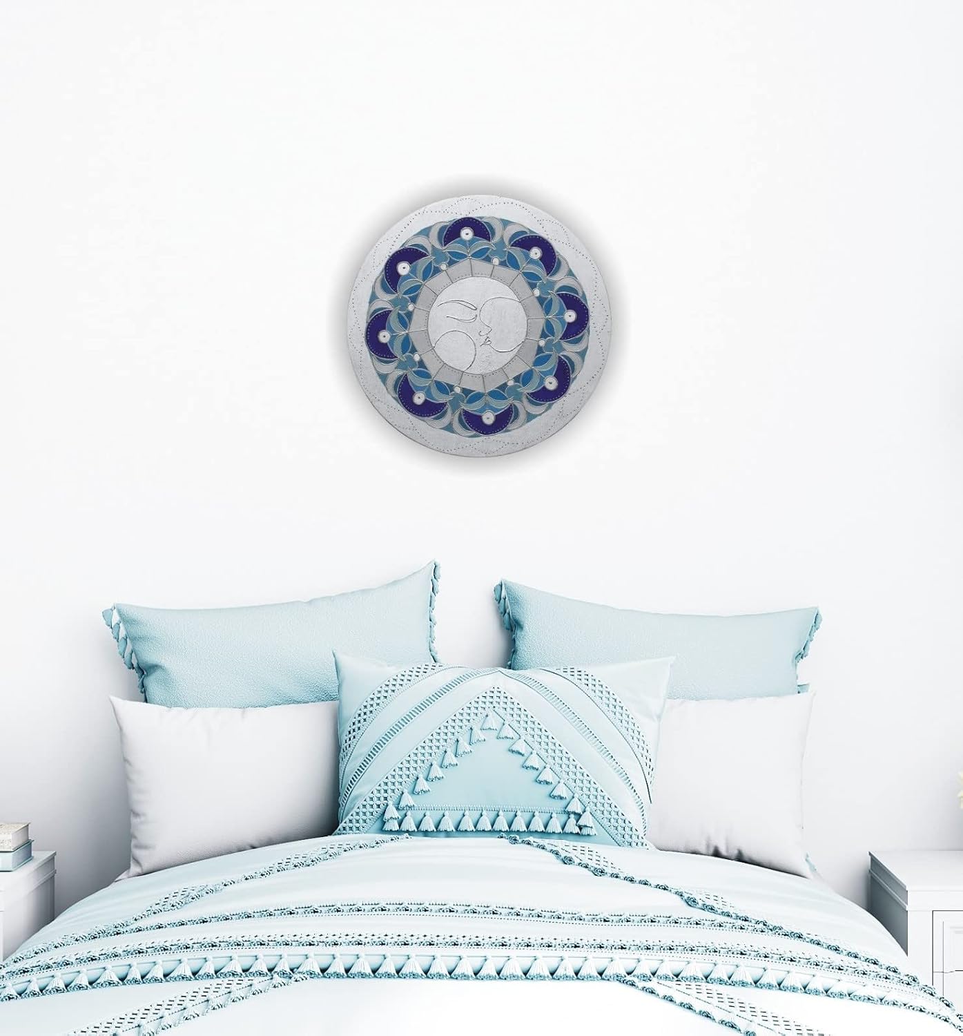 Round Moon Goddess Mandala Wall Hanging or Table Decor, Original Mixed Media Fine Art Painting Dark Blue Leaf Silver Gilded, Lunasacrada Design for Happiness Series
