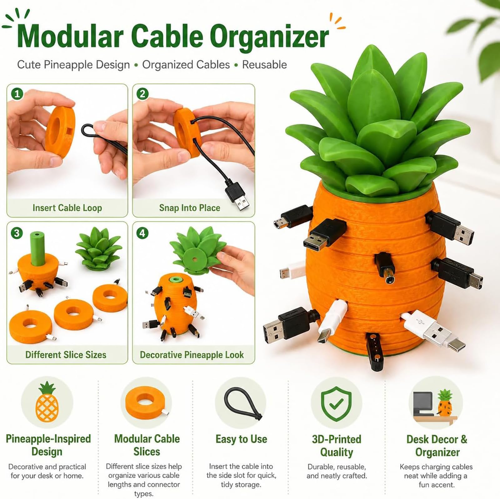 Organizzatore di cavi ad ananas, portacavi da scrivania modulare (2pc) | Costruzione in plastica stampata in 3D, dischi di avvolgimento S M L XL, cavi di ricarica, auricolari