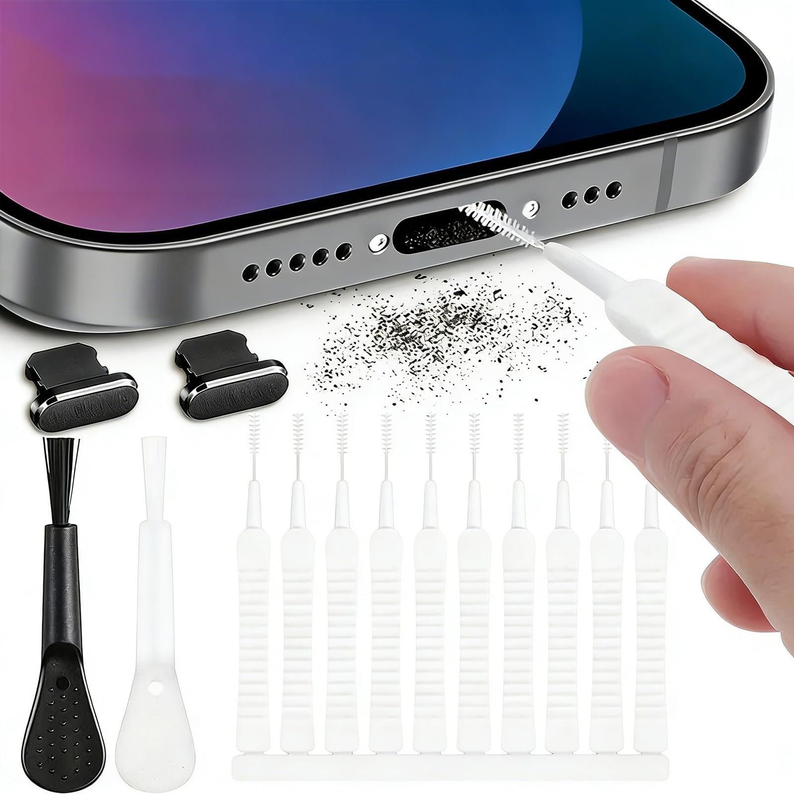 PureSphere Phone Port Cleaning Kit, 12 Pcs Anti-Static USB C Lightning Port Cleaner Brushes, Portable Speaker Cleaner with Foam Tips for Smartphone Earphone Charging Port Dust Removal