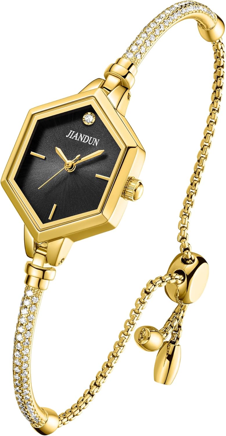 JIANDUN Petite Hexagonal Gold Women’s Watch, Diamond Accent Bracelet Dress Watch, Waterproof and Elegant