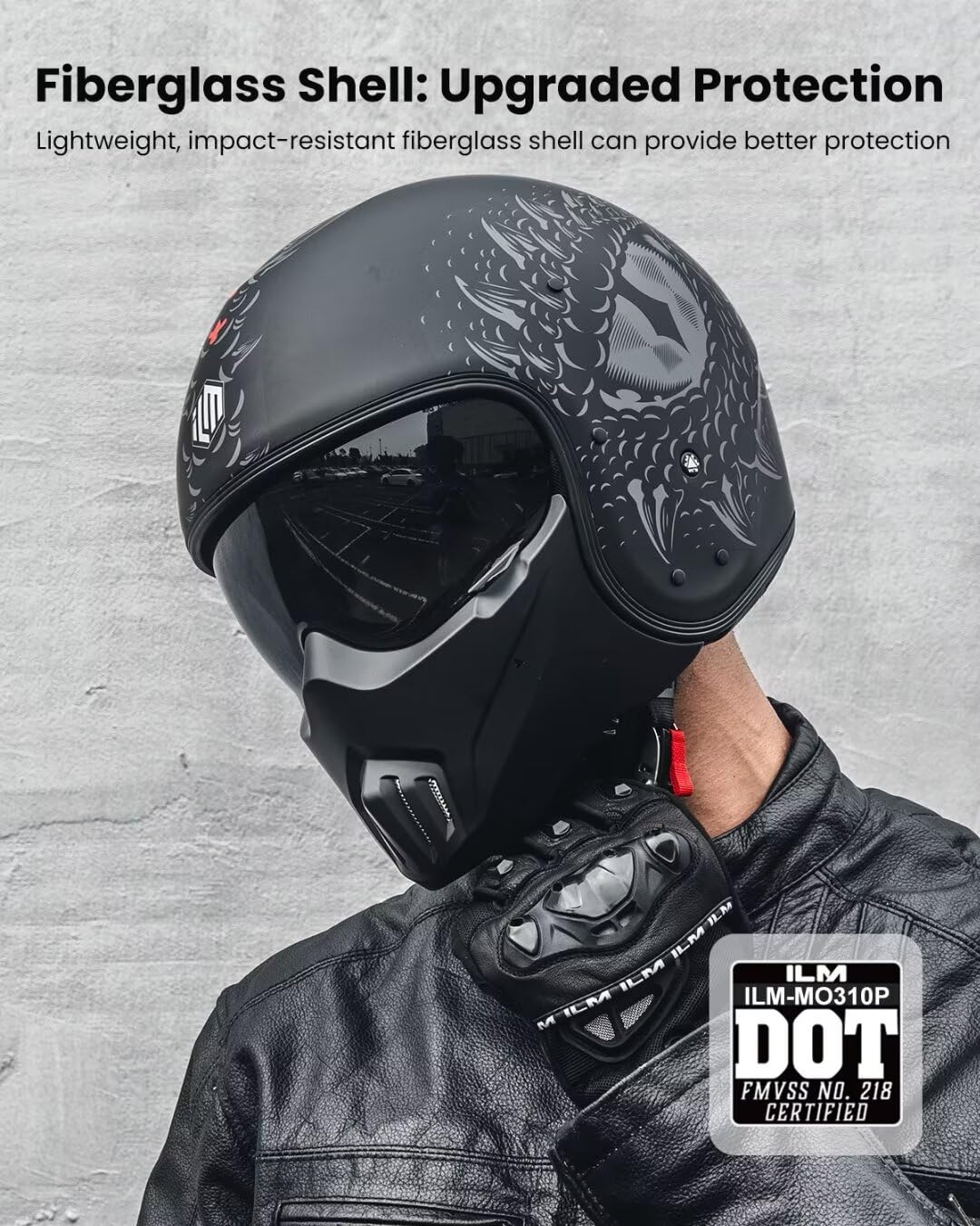 ILM Fiberglass Open Face Motorcycle 3/4 Half Helmet for Men Women Lightweight Vintage with Visor for Moped Cruiser Scooter DOT Model MO310P(DemonEye,M)