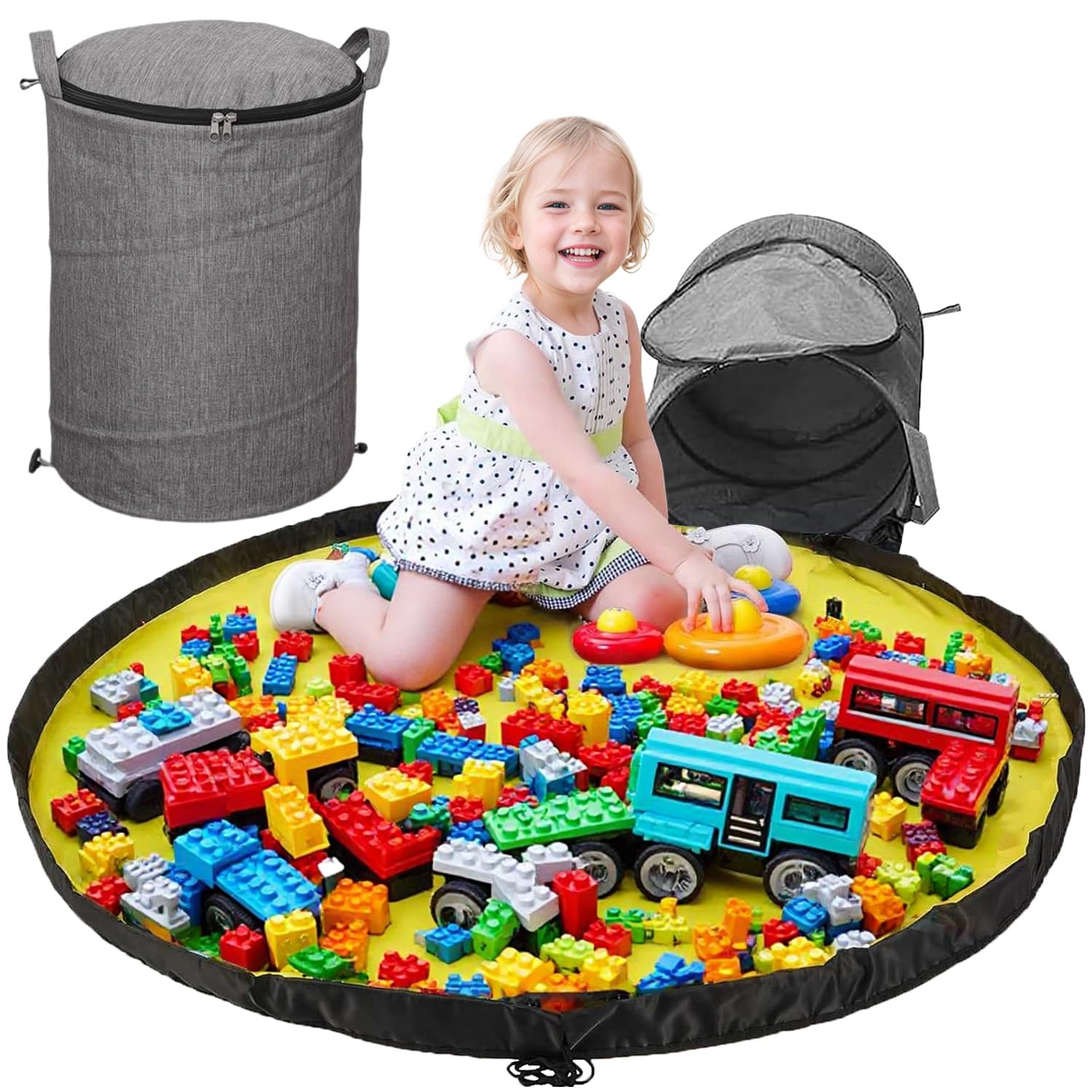 Lighterday Spielzeug Aufbewahrungkorb mit Spielteppich Aufräumsack,StoffKorb Aufbewahrung Groß 34X42CM,Spielzeug Korb mit Henkel für Bauklötze Stofftier Aufbewahrung,Aufbewahrungskörbe (Grau) Küche, Haushalt & Wohnen
