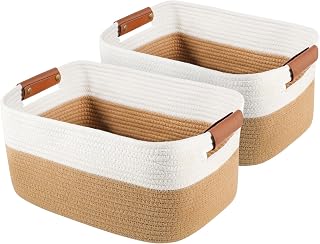 Upgrade Cotton Rope Basket with PU Handles, Rectangular Woven Storage Basket for Organizing Closet Shelves Bins Dog Toy Nursery Baskets Diaper Basket for Baby Shower Gifts-14.97" x 9.85" x 7"(2 Pcs)