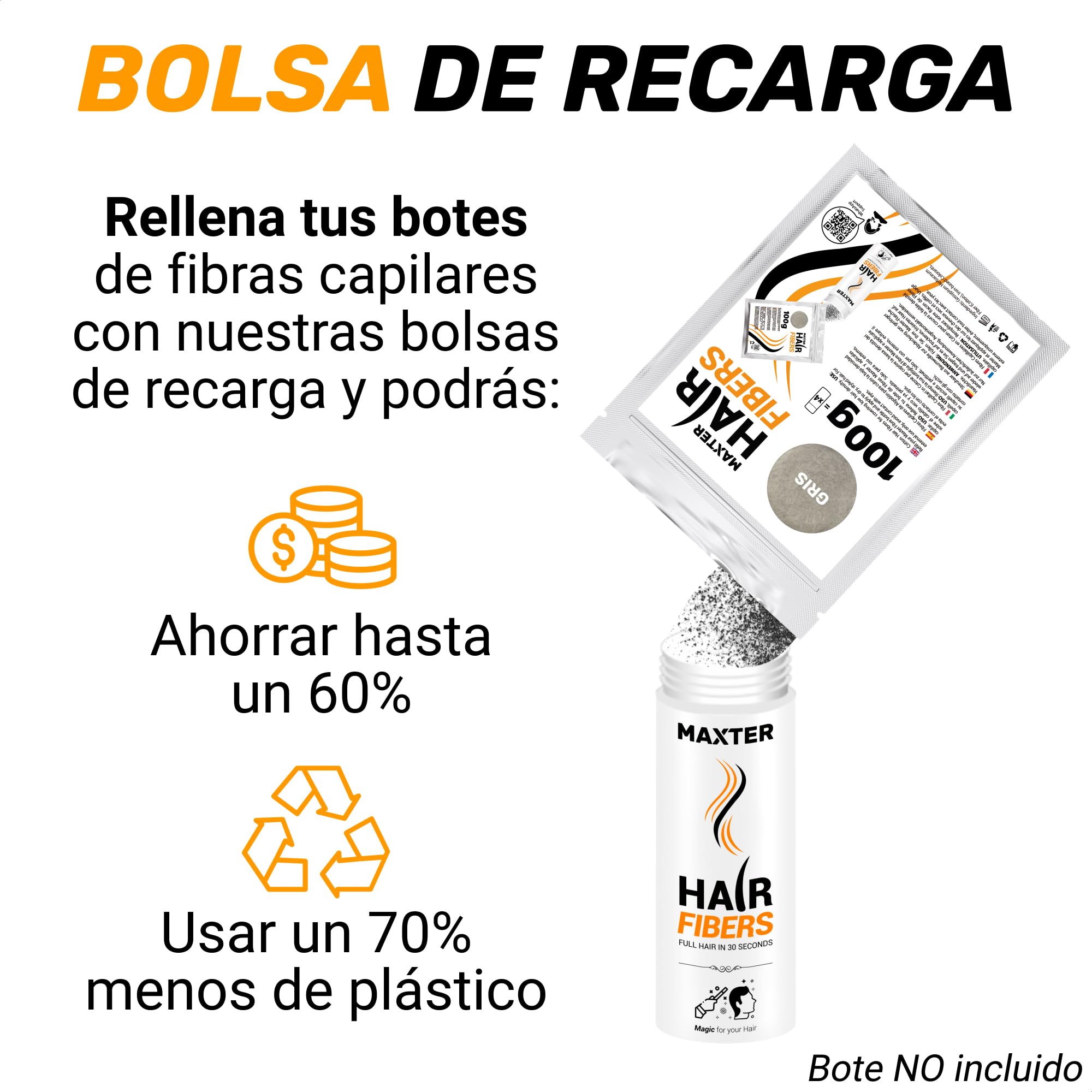 Maxter Fibre Capelli GRIGIO + Borsa di Ricarica 100g - Polvere Volumizzante Capelli per Nascondere la Caduta dei Capelli e la Calvizie - Fibre Cotone per Capelli - Per Uomo e Donna - Hair Fiber