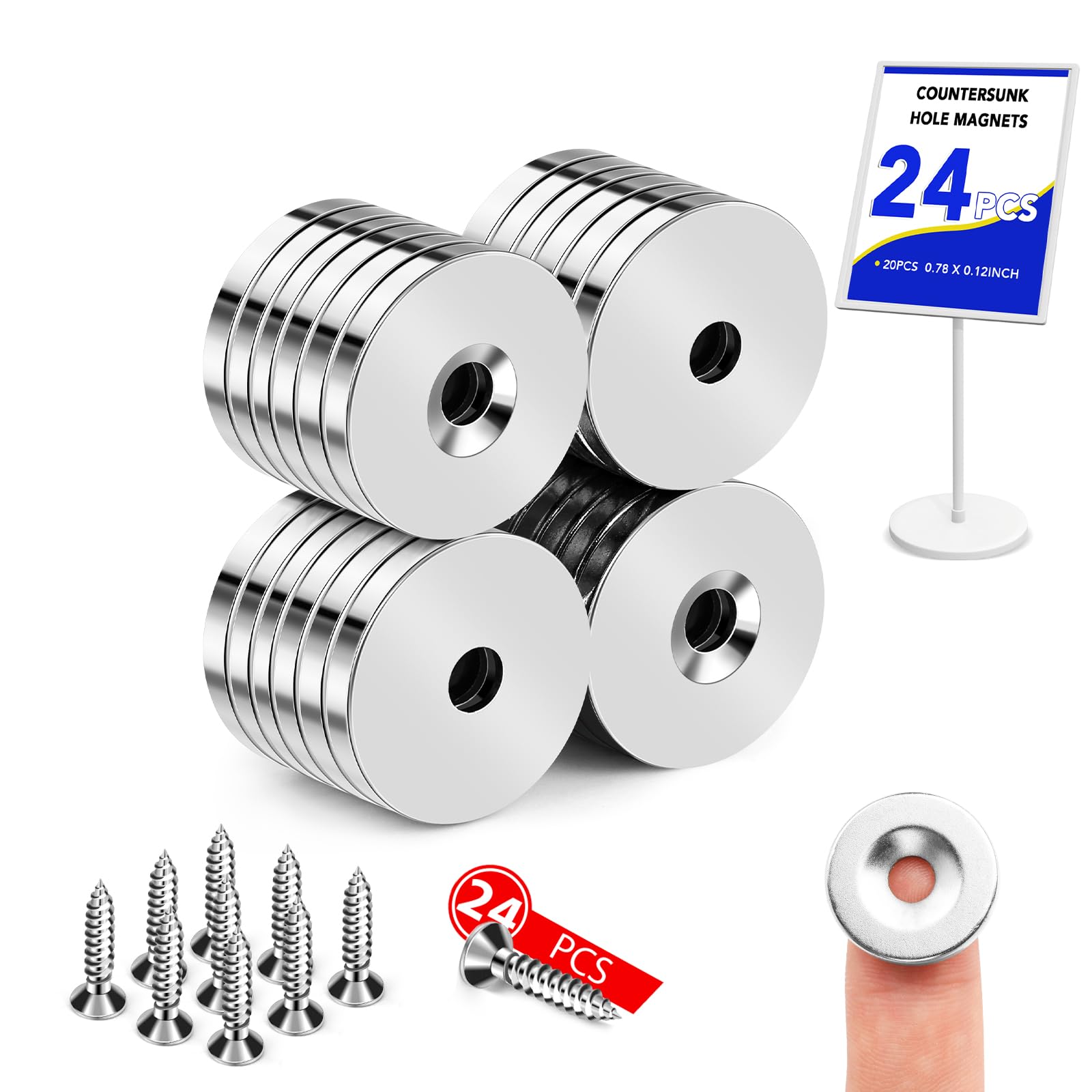LOVIMAG Neodymium Magnets for Cabinets, 24Pack Round Rare Earth Magnets with Screws for Tool Room, Refrigerator Magnets with Holes for Fridge, Kitchen