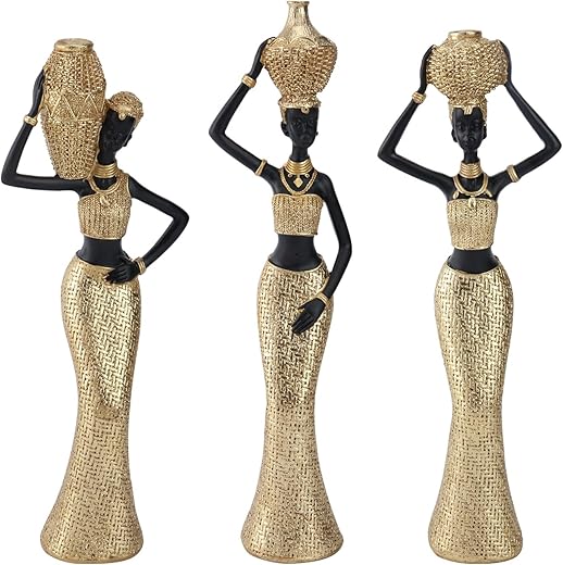 Dwelloria Set of 3 African Women Resin Figurines – Black and Gold Tribal Lady Sculptures for Living Room, Shelf, Office or Entryway Decor, Modern Ethnic Home Decoration