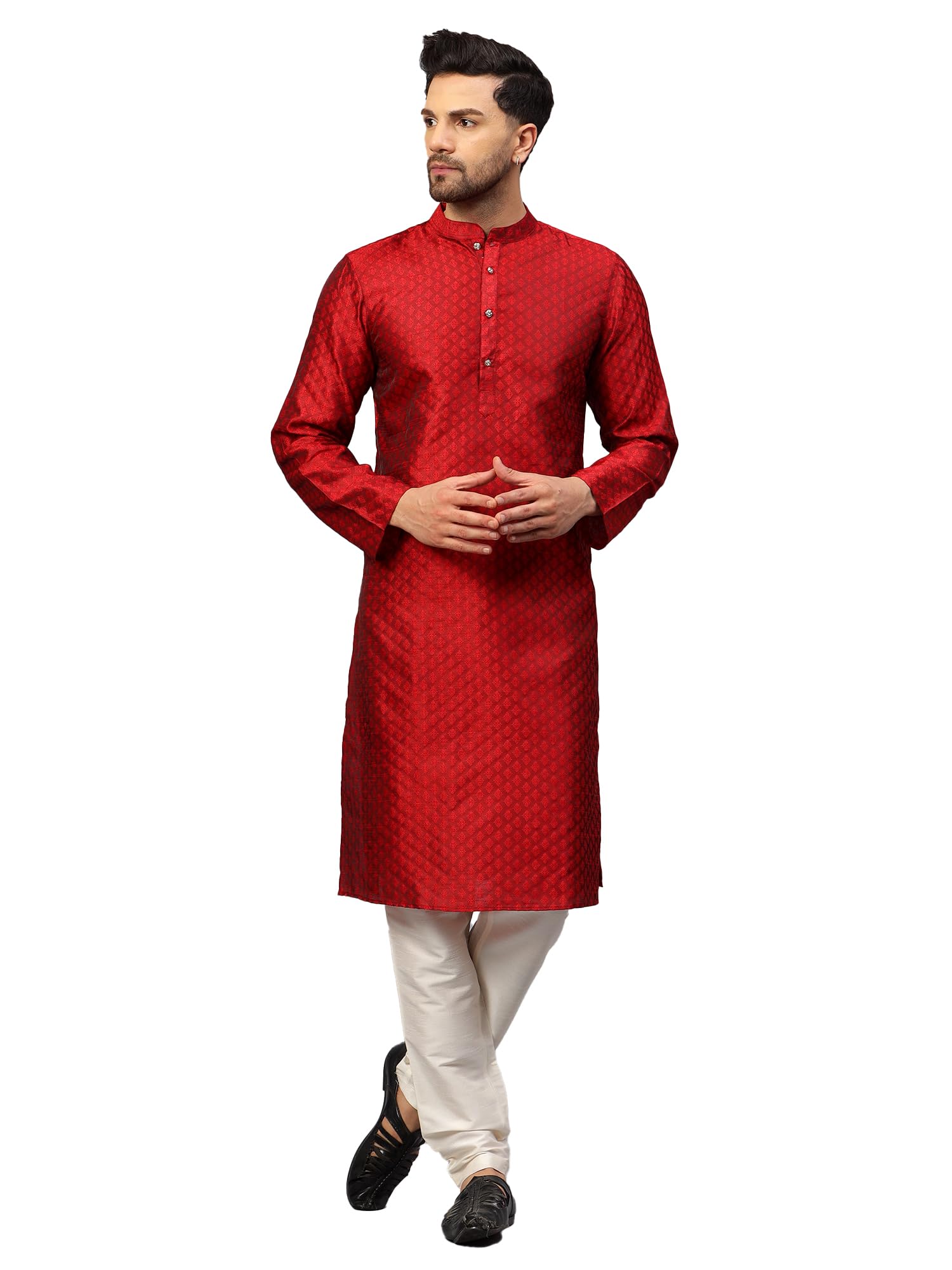 LATEST CHIKAN Men’s Silk Chikankari Kurta with Cream Churidar | Festive Set - KP-SB-R1-42