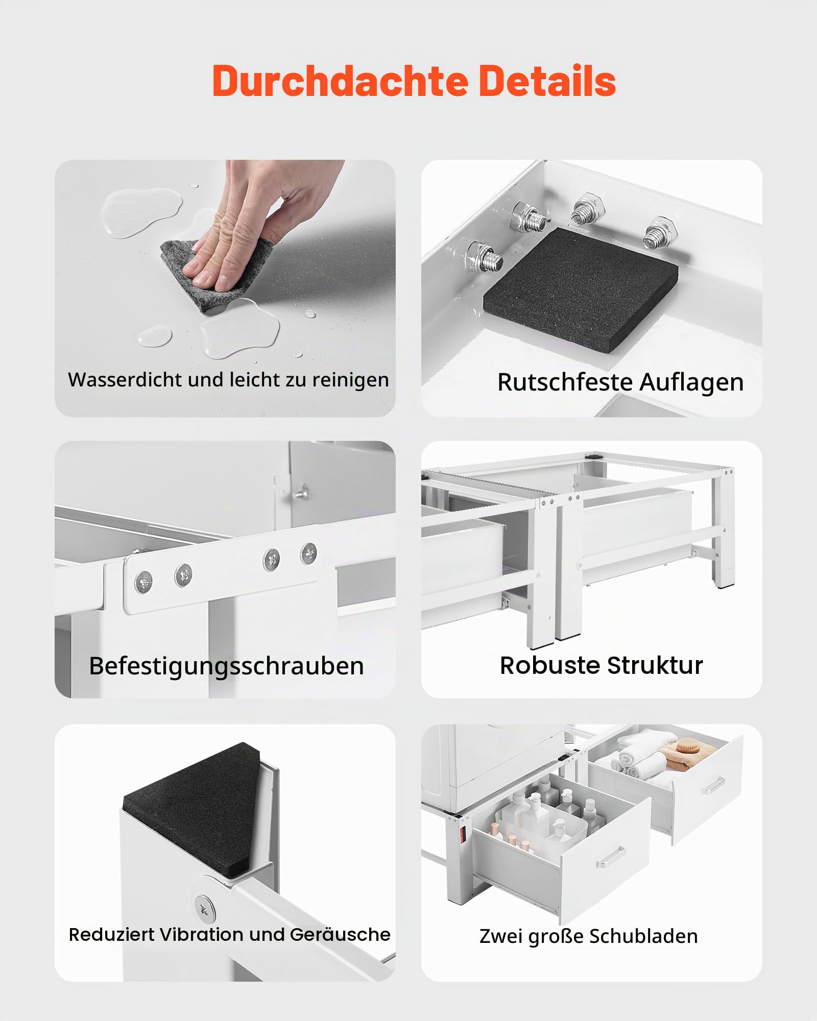 VEVOR Waschmaschinen Untergestell, 290 mm Hoch, Waschenmaschinenerhöhung mit Schublade, Tragkraft 150 kg, Rutschfeste Füße, Stahl-Trocknersockel, Podest, Universell Passend, Weiß, 2er-Pack