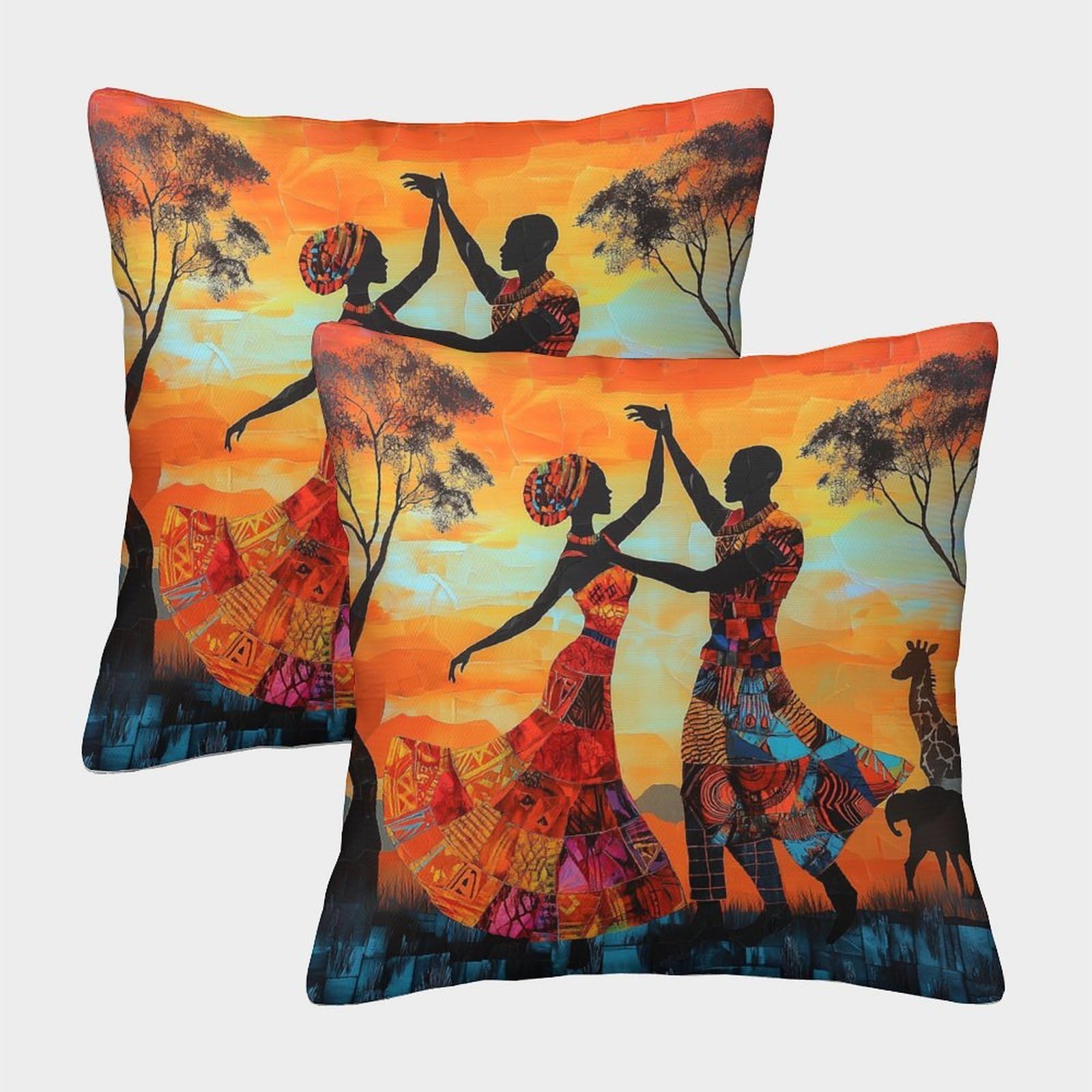 kaiyun 2 Pack African Culture.Graceful Dancers at Sunset 3D Image Printed Single-sided Cushion Cover 40x40cm