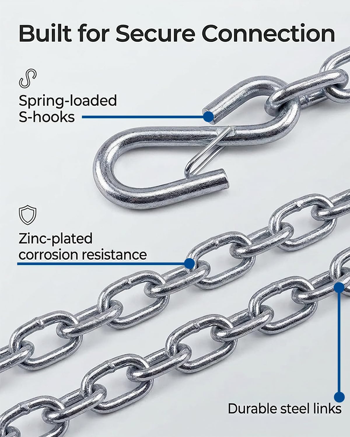 2 PCS 1/4" x 54" Trailer Safety Chain, Grade 30 Zinc-Plated Steel with Spring S-Hooks, 5000 lbs Capacity Class I, Heavy Duty Towing Security for Boat, RV & Utility Trailers