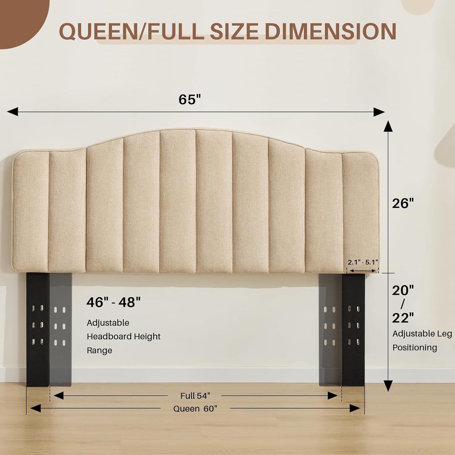 Queen Size Headboard Only, Upgraded One-Piece Bed Headboards Adjustable Height&Width Upholstered Full Headboard, Modern Vertical Channel Design Plush Chenille Head Board, Light Brown