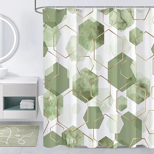 Cortina de ducha moderna verde salvia para baño, decoración de arte geométrico, cortina de baño impermeable, juego de cortinas de ducha de tela