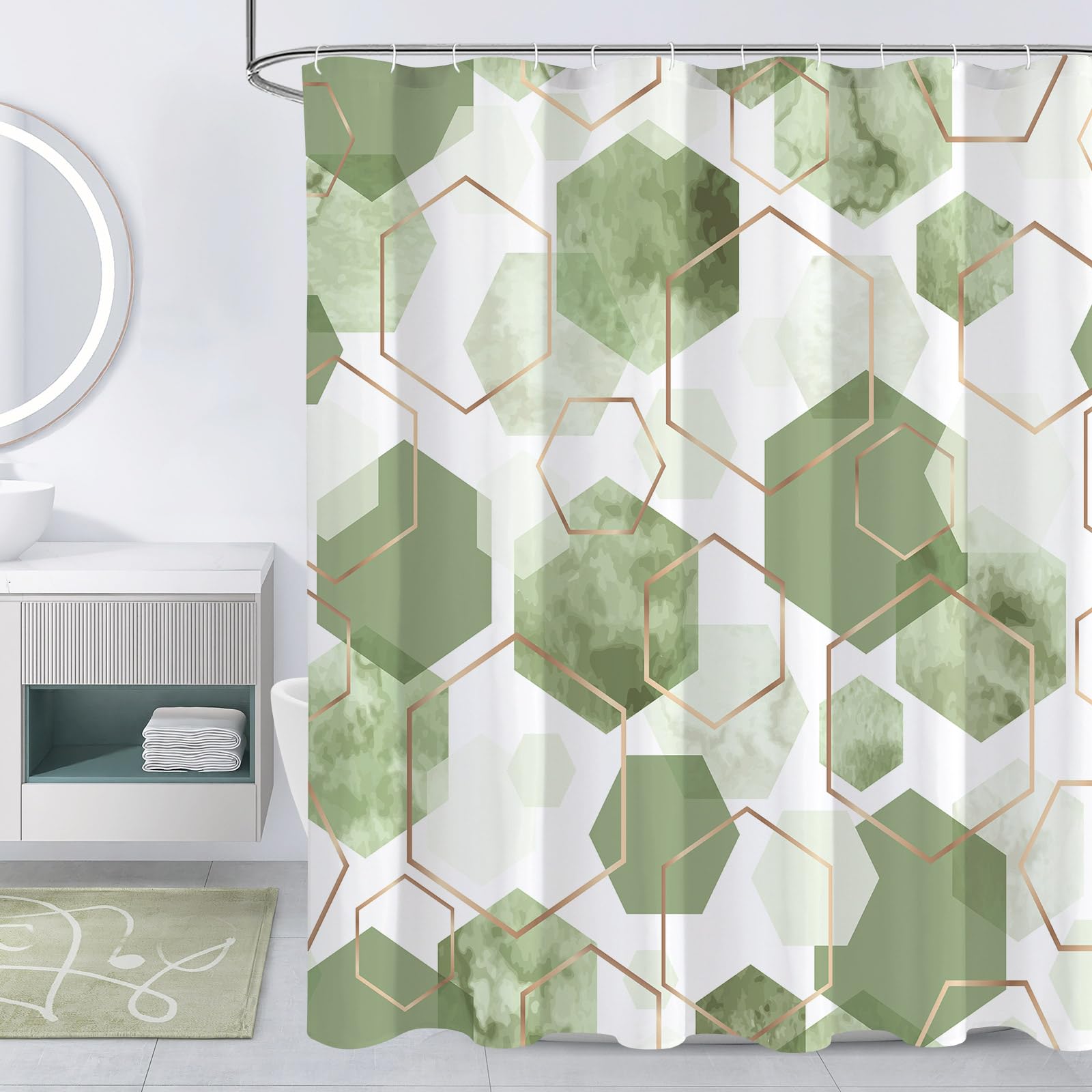 Litabel Sage Green Modern Shower Curtain for Bathroom, Geometric Art Decor Waterproof Bath Curtain, Abstract Fabric Shower Curtain Sets for Home Decor