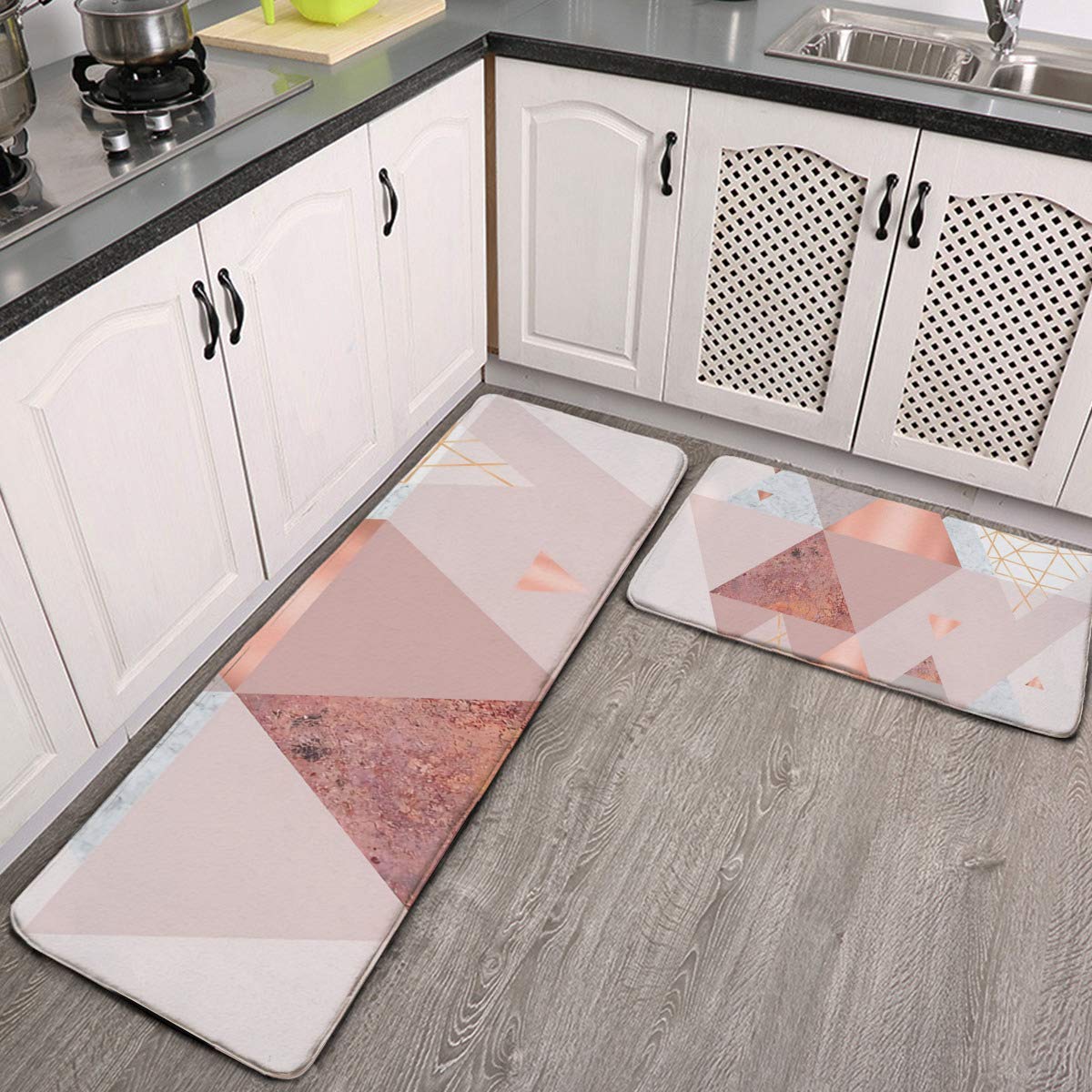 2 Pcs Kitchen Rug Set, Blush Pink Geo Non-Slip Kitchen Mats and Rugs Soft Flannel Non-Slip Area Runner Rugs Washable Durable Doormat Carpet