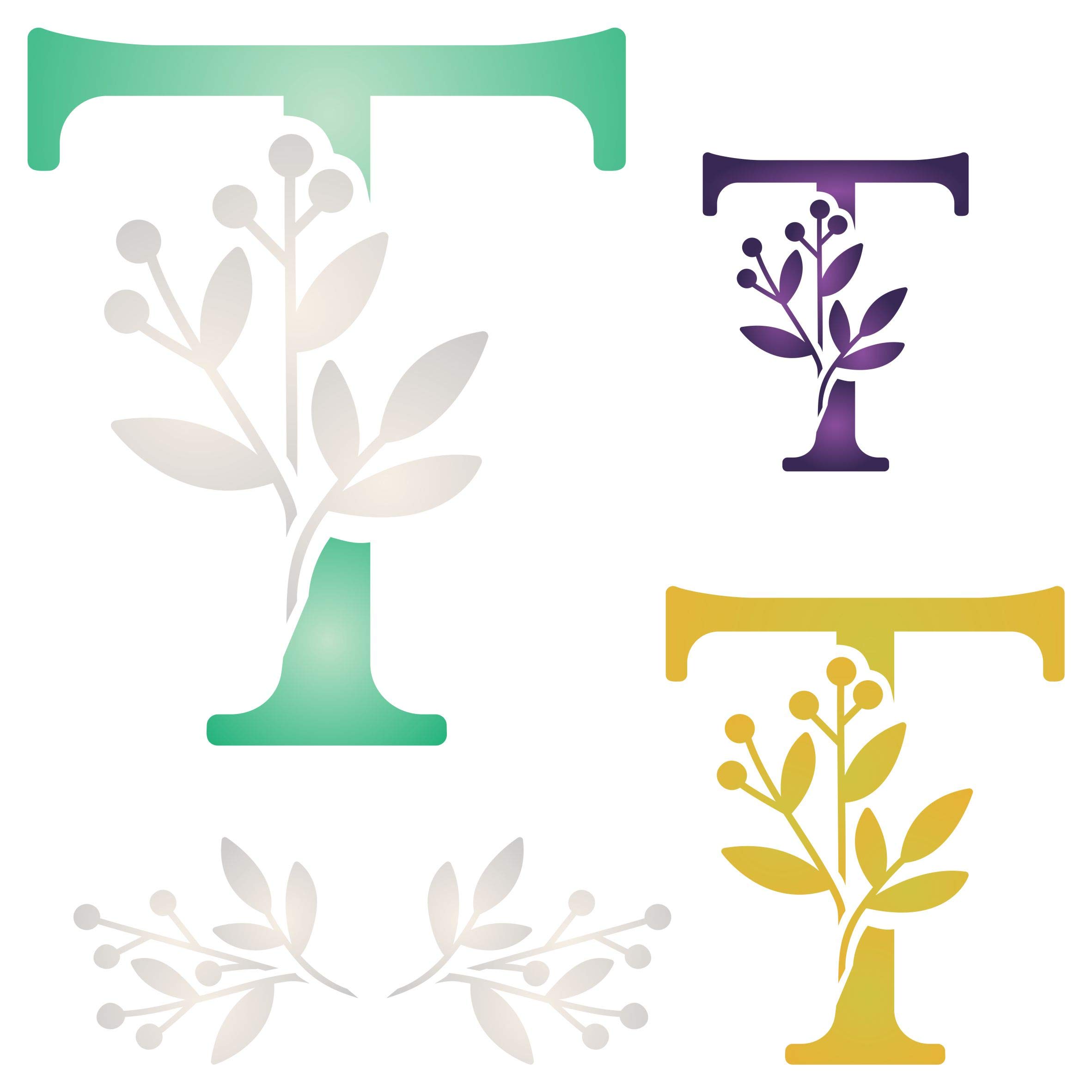 Flower Monogram T Stencil - Stencils for Walls Original Leaf Flower Initial 3 Sizes on One Sheet - 2" 3" and 4.5" Tall