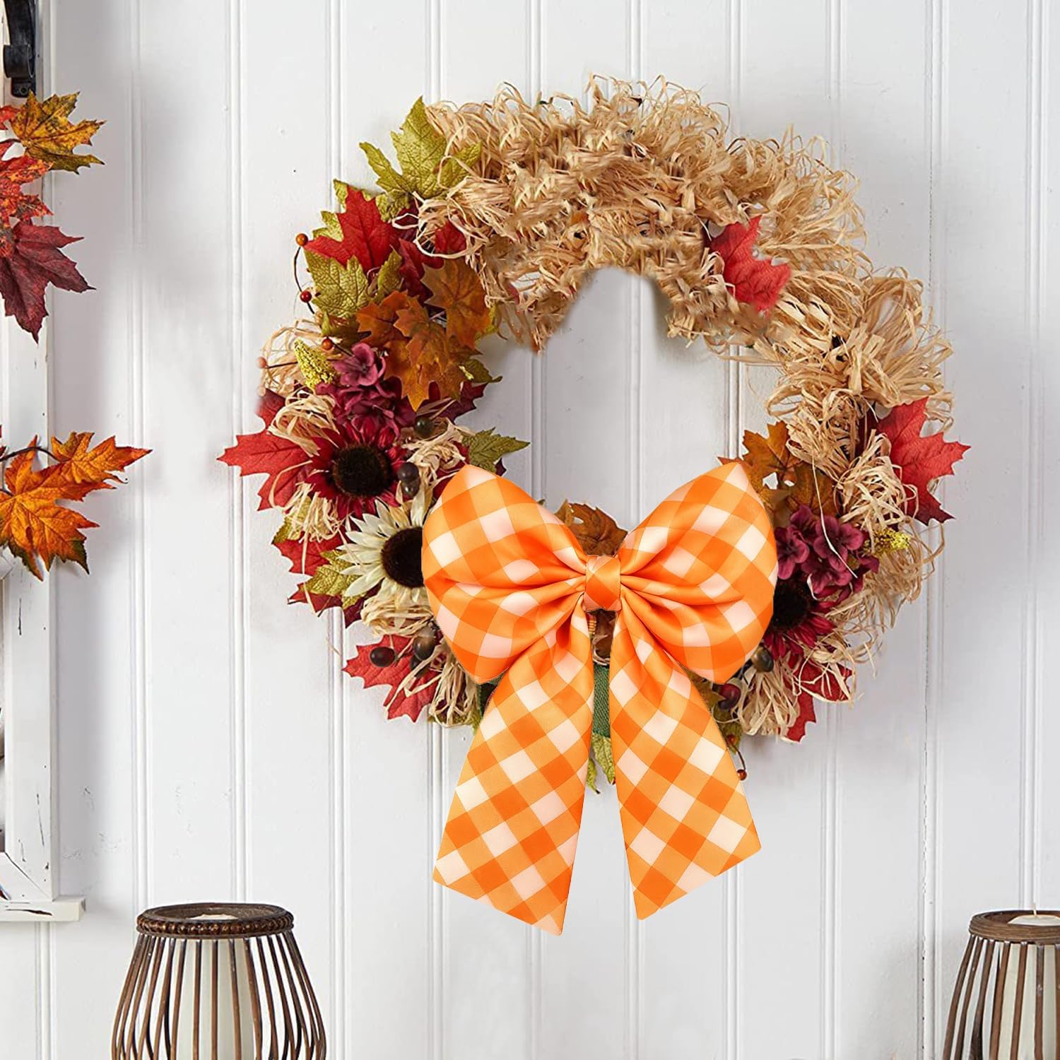 Wreath Sash for Front Door Orange and White Plaid Garland Ribbon Accessories for Wreath Yard Doorway Indoor Outdoor Bow Bridal Shower Home Decoration (Orange White)