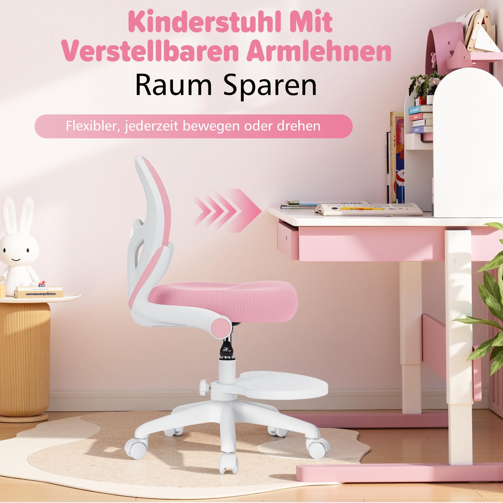 HOFFREE Kinder Schreibtischstuhl Ergonomischer Lernstuhl mit Klappbarer Armlehne Fußstütze Drehbar Rosa