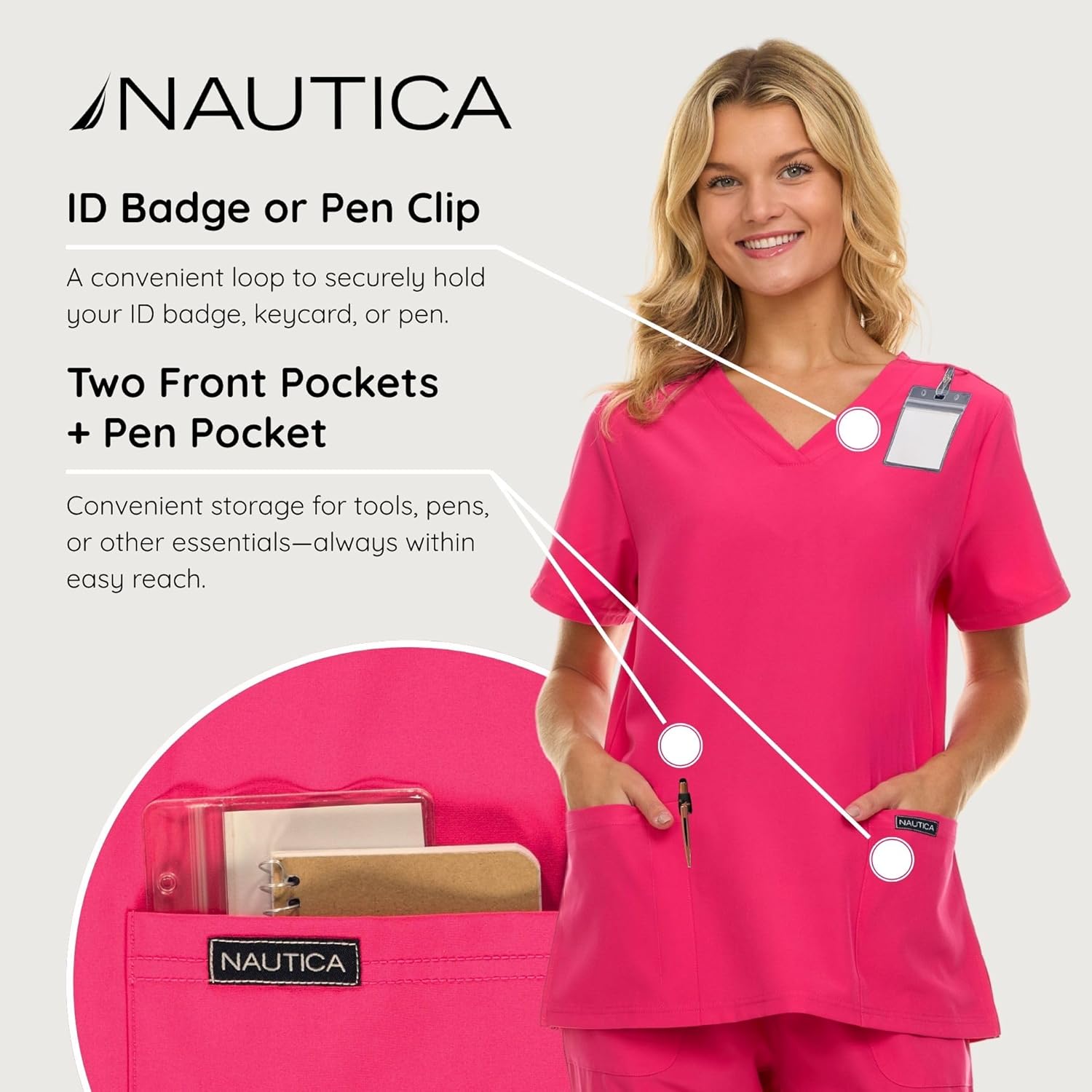 Nautica Womens Scrubs Tops, 3 Pack V-Neck Breathable Scrub Tops Women, 3 Pocket Stretch Fabric Scrubs for Women