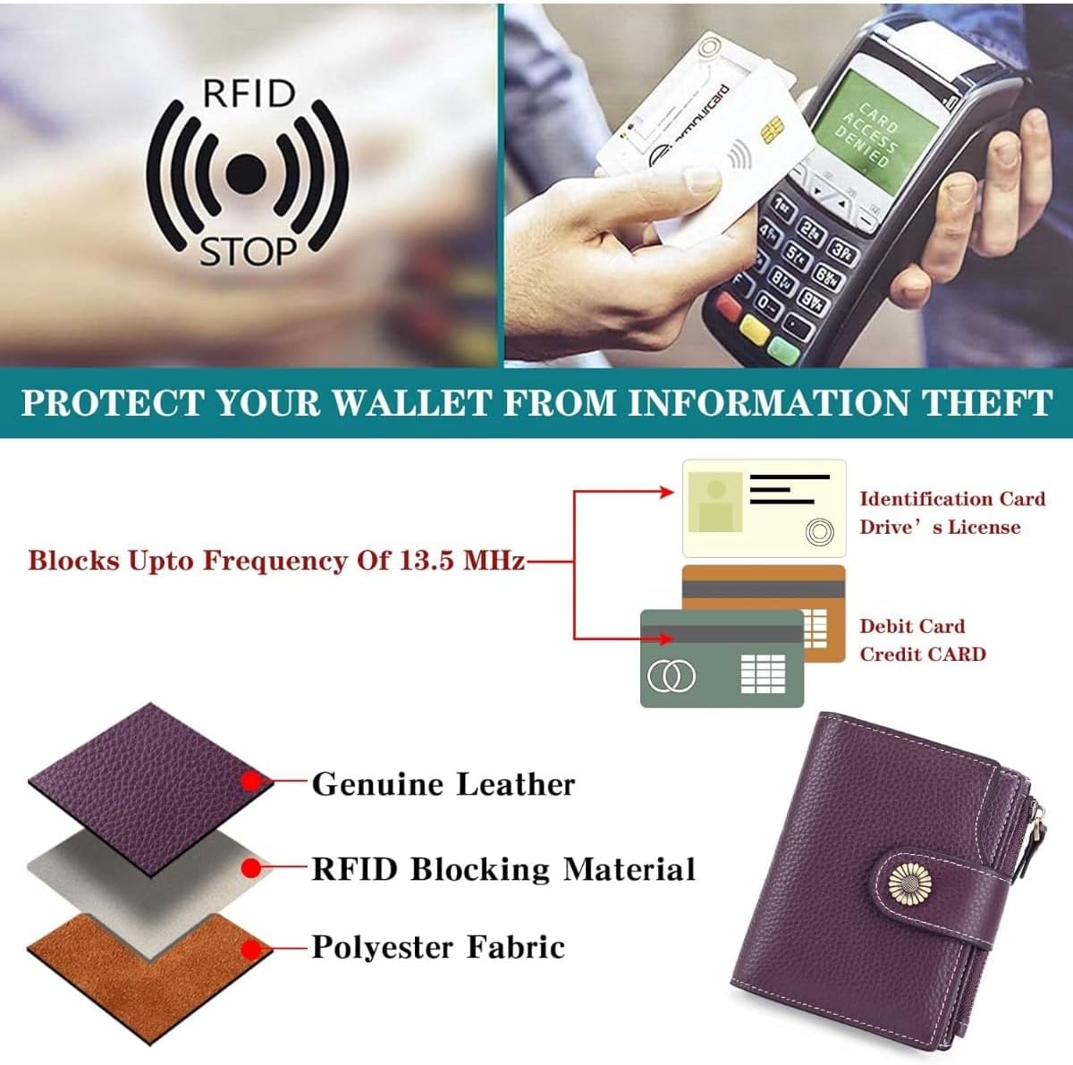 Premium RFID Blocking Trifold Wallet for Women in Genuine Leather with Clear ID Window and Secure Card Organization (purple)