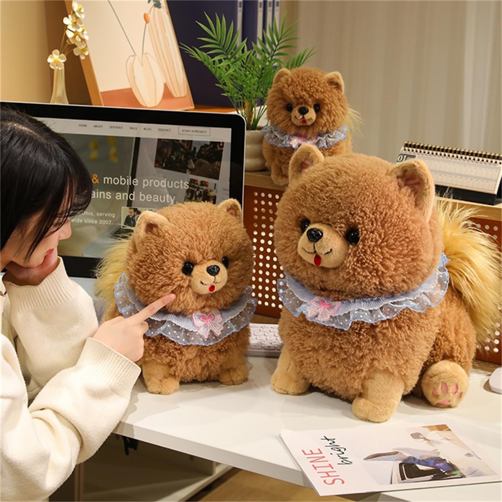 Plüschtiere, Pomeranian-Plüsch, 23 cm, süßes Welpen-Plüschtier for Kinder, weiches Pomeranian-Hunde-Plüschtier(Brown,25cm)