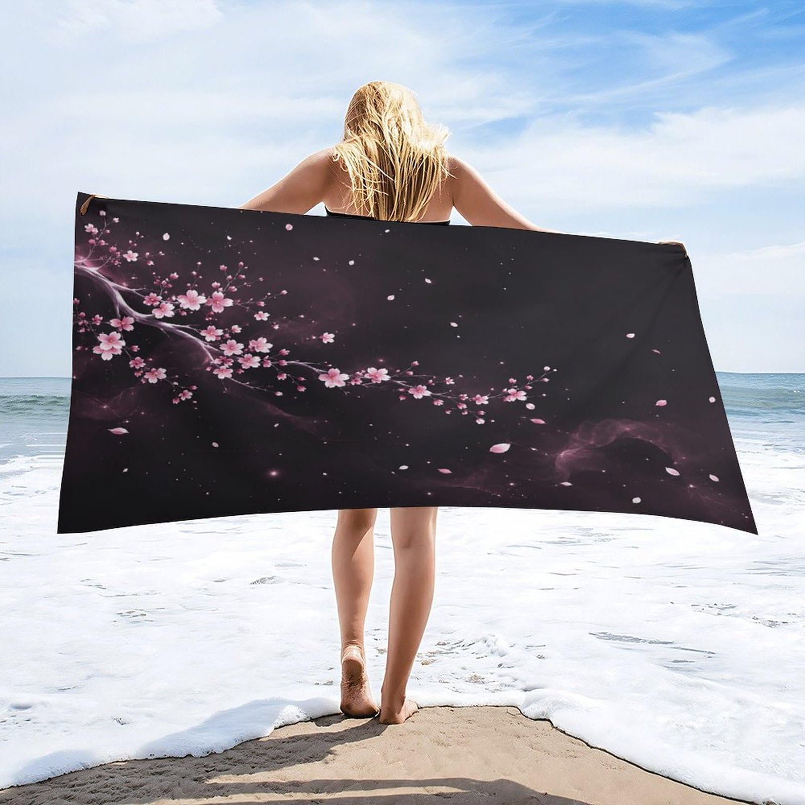 Anceky Cherry Blossom Branch Pink Petals Beach Towel 32"×63",Soft Microfiber Bath Towel Shawl, Quick Dry Absorbent Pool Spa Gym Shower Towel