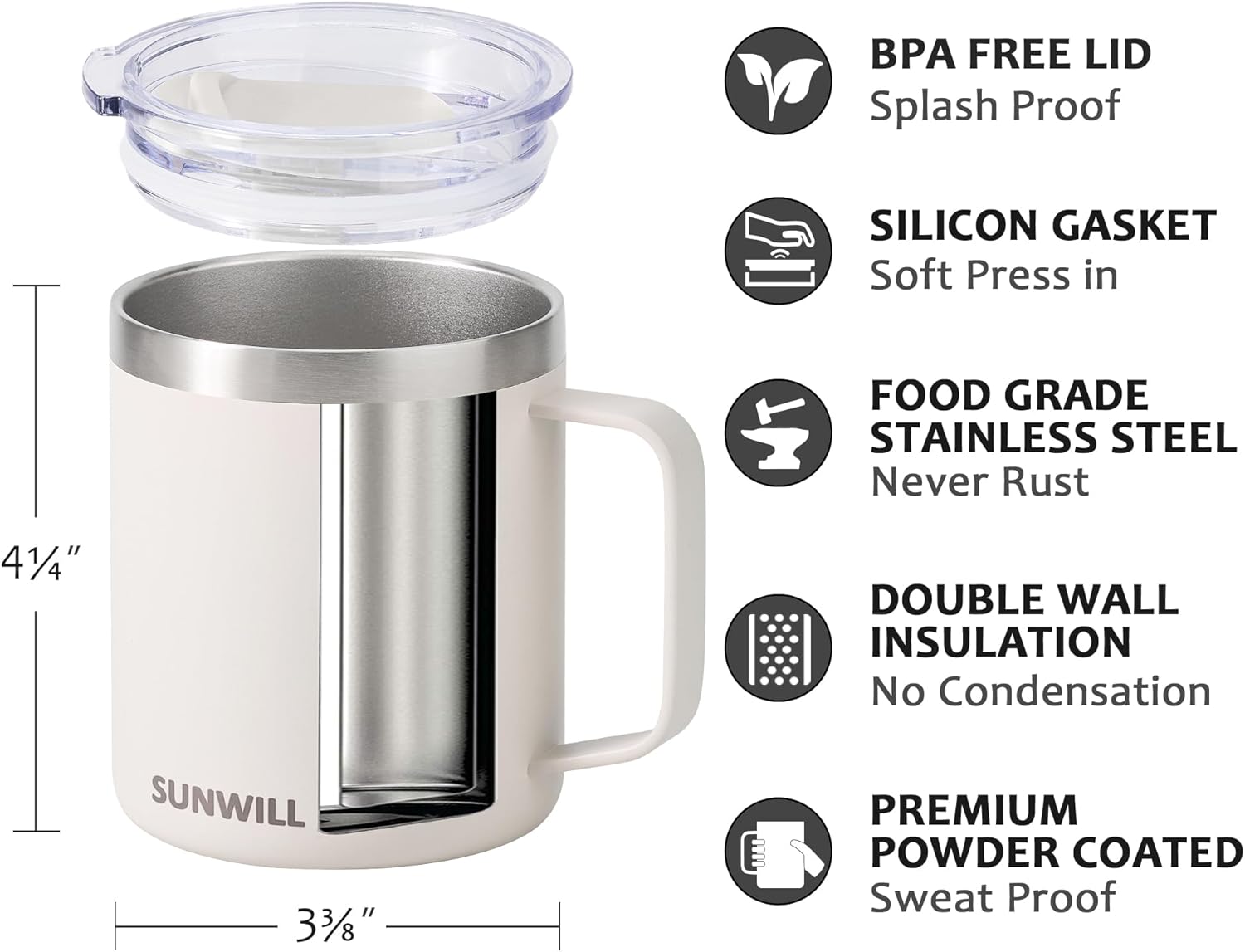 SUNWILL Travel Coffee Mug with Lid, Insulated Tumbler with Handle, 14 oz Stainless Steel Cup for Home, Office, Camping, Powder Coated Cream - Image 2