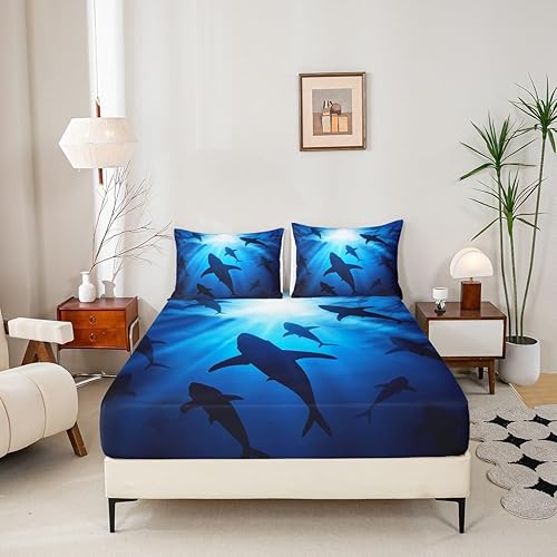 Miniatura 5 de Erosebridal Juego de sábanas y fundas de almohada tamaño Queen con temática oceánica de mar marino, juego de sábanas y tiburones ballenas, bonito