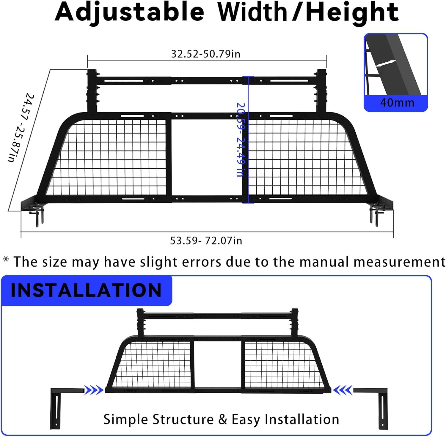 Adjustable Headache Rack, Width 53.5"-72", Height 20.6"-24.5", Heavy Duty Cab Protector Universal Backrack Headache Rack for Full-Size Pickup Trucks