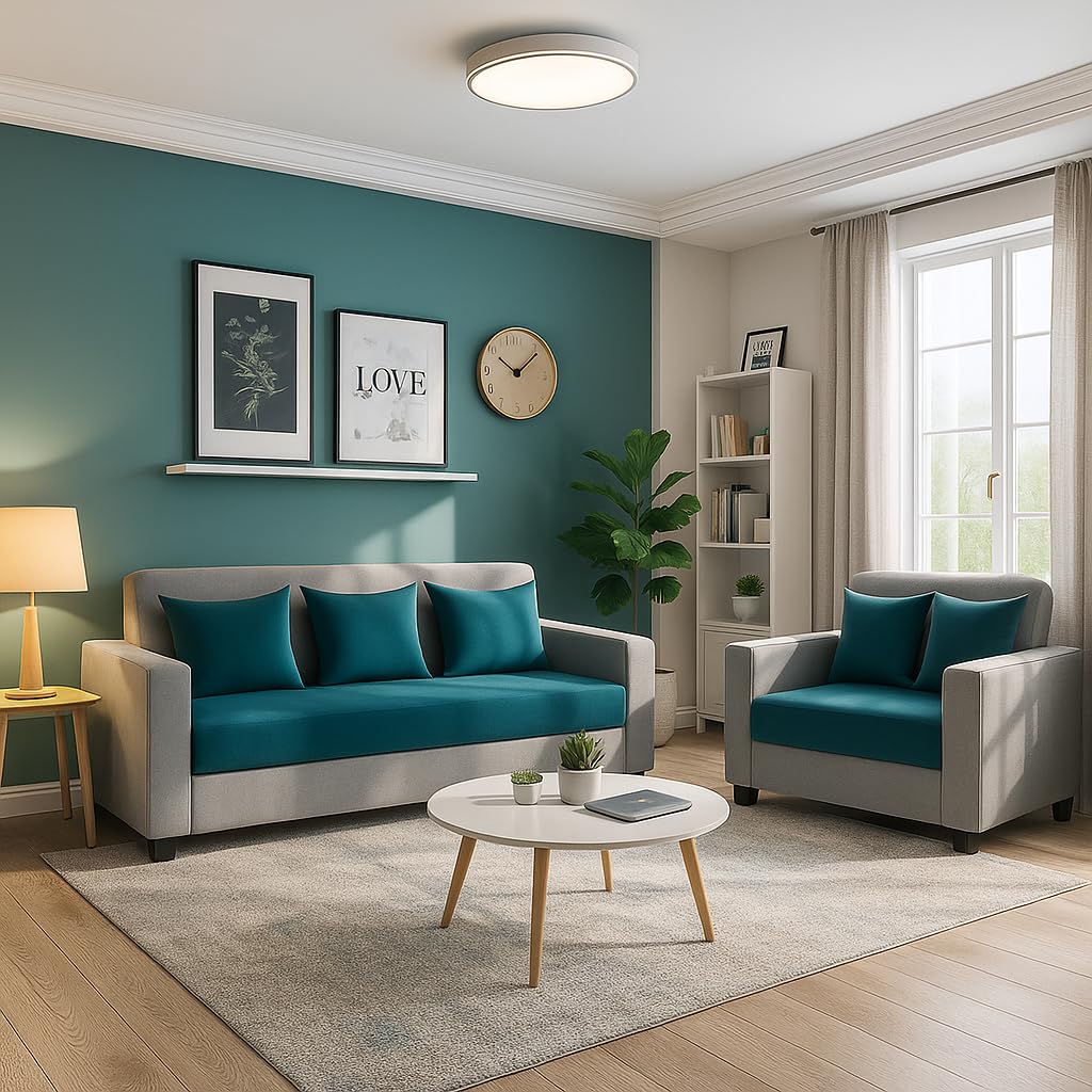 FURNY Lexon 5 Seater Fabric 3+2 Sofa Set (Aqua Blue-Light Grey) | Premium Velvet Finish | Durable & Comfortable | Ideal for Living Room FURNY Lexon 5 Seater Fabric 3+2 Sofa Set (Aqua Blue-Light Grey) | Premium Velvet Finish | Durable & Comfortable | Ideal for Living Room