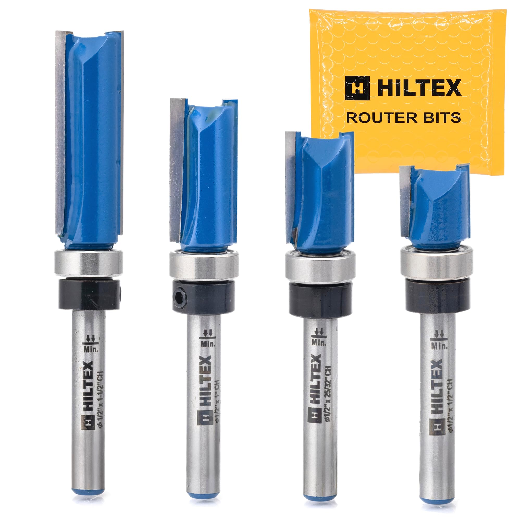HILTEX 10103H - Juego de brocas para fresadora con patrón de rodamiento inferior, 4 piezas, vástago de 1/4 pulgada, herramienta de carpintería CNC, diámetro de corte de 1/2 pulgada, longitud de corte