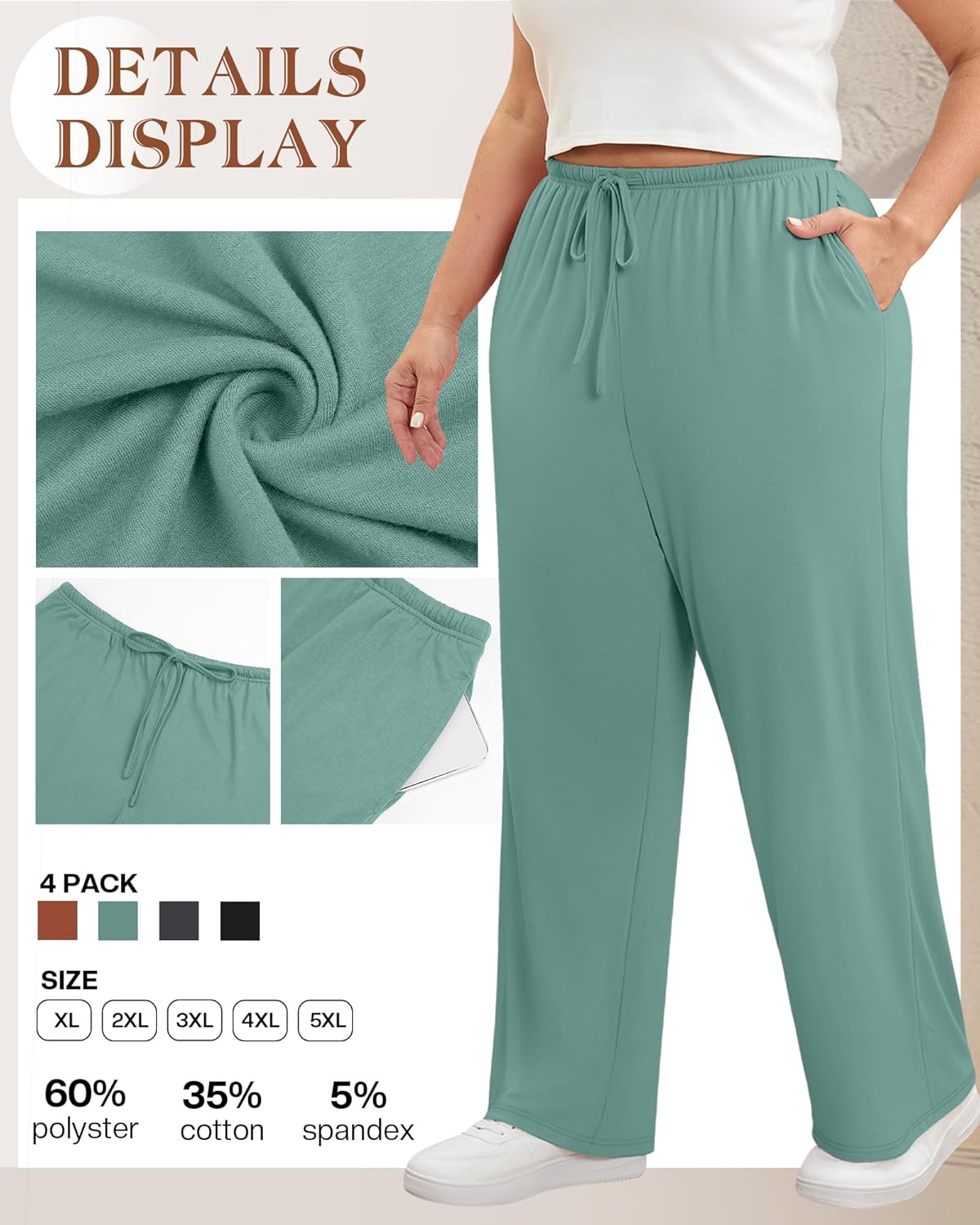 4 Pack Women's Plus Size Lounge Pants with Pockets, Wide Leg Yoga Loose Drawstring Pants Casual Sweatpants Jogger - Image 4