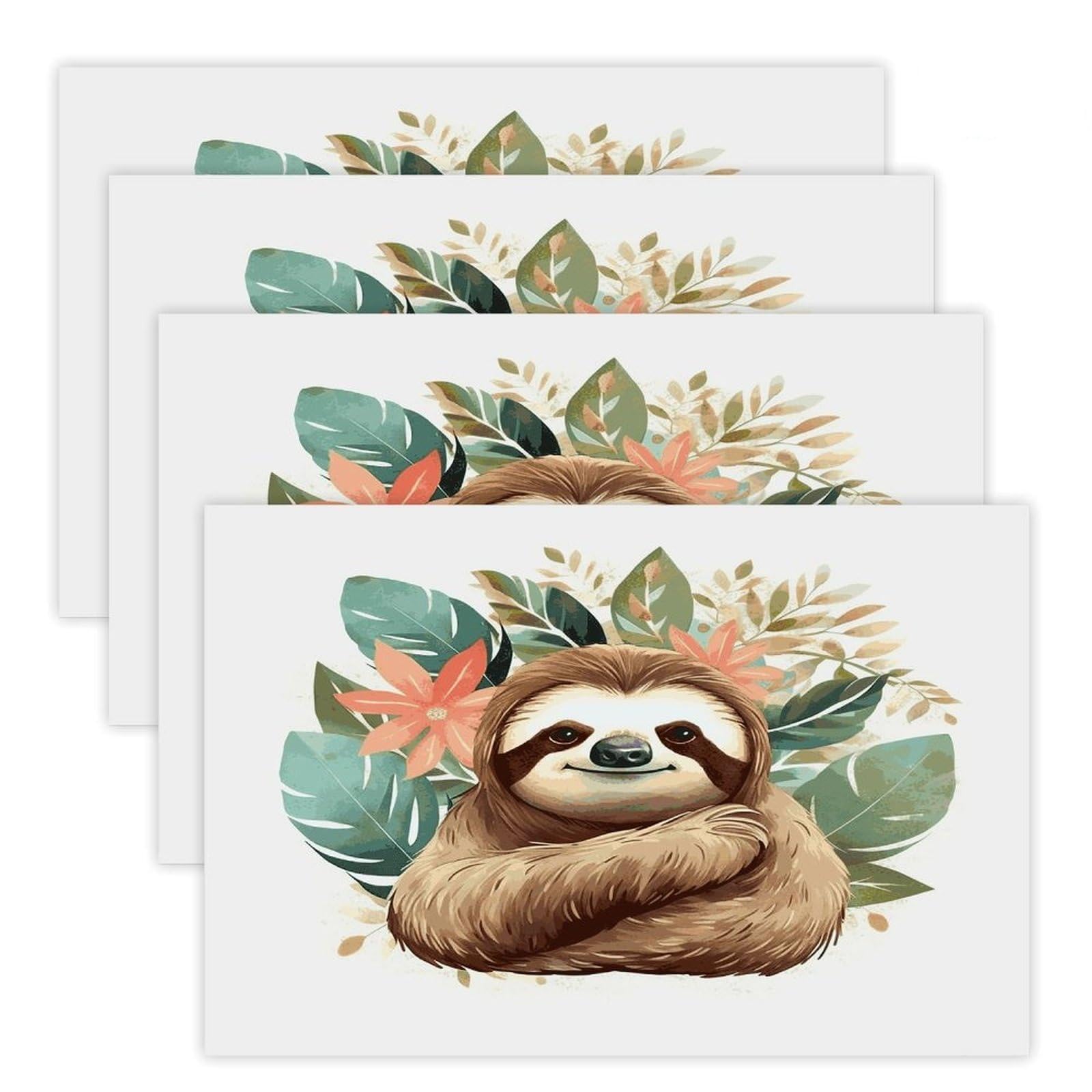 Cute Sloth Leaves Placemats Heat-Resistant Washable Place Mats Anti Slip Dining Table Place Mats Wipeable Dining Table Mats Kitchen Decoration Placemats 17.7’’×11.8’’