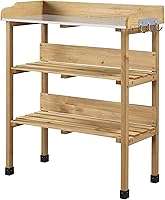 Topeakmart Fir Wood Potting Bench with Metal Top, 3-Tier Shelves & Hooks - Garden Workstation Table
