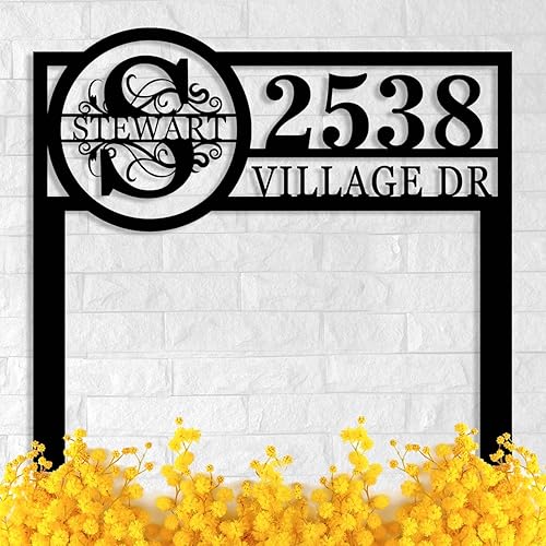 Placa de dirección de metal personalizada con monograma que muestra la dirección y el nombre de la calle, letrero de dirección del número de casa,