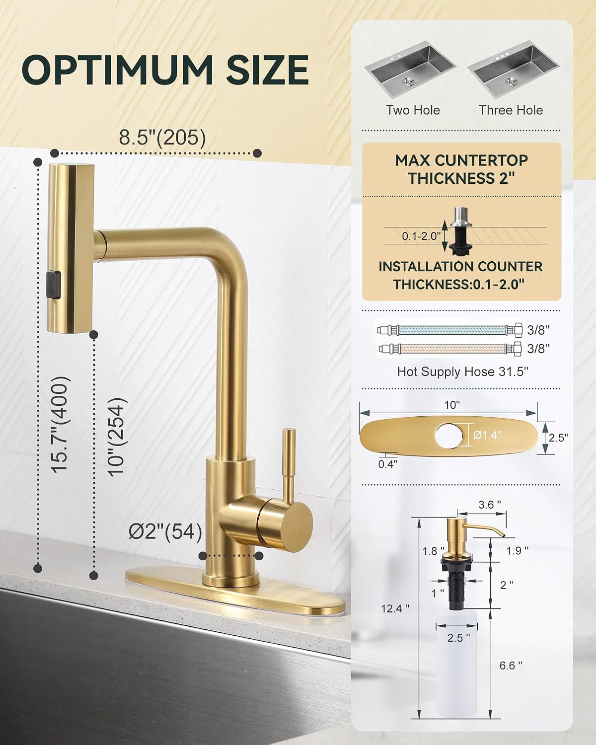 Waterfall Kitchen Faucet with Soap Dispenser: Gold Kitchen Faucet with Pull Down Sprayer 3 Modes(Waterfall/Stream/Sweep), Stainless Steel Kitchen Faucets for Sink with Deck-Plate