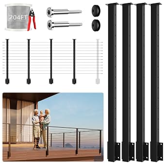 4Pack One-Stop Side Mount Cable Railing Post Kits 42" Post Body 47.6", Complete Set Include 4 Pack Side Mount Line Posts, 204ft Cable, 12 Sets Cable Tensioner, 96 Cable Grommets No Handrail