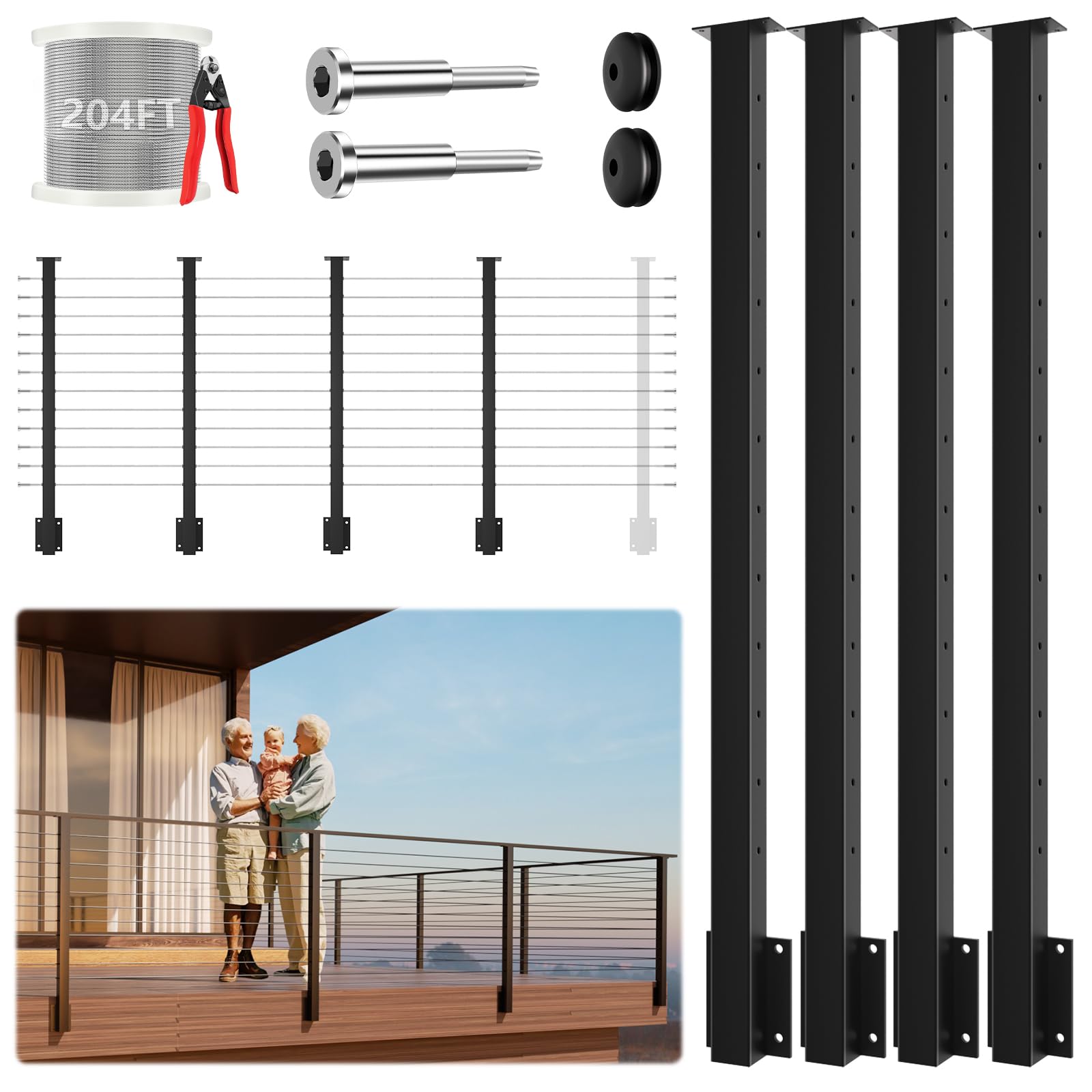 Gyykzz 4Pack One-Stop Side Mount Cable Railing Post Kits 42" (Post Body 47.6"), Complete Set Include 4 Pack Side Mount Line Posts, 204ft Cable, 12