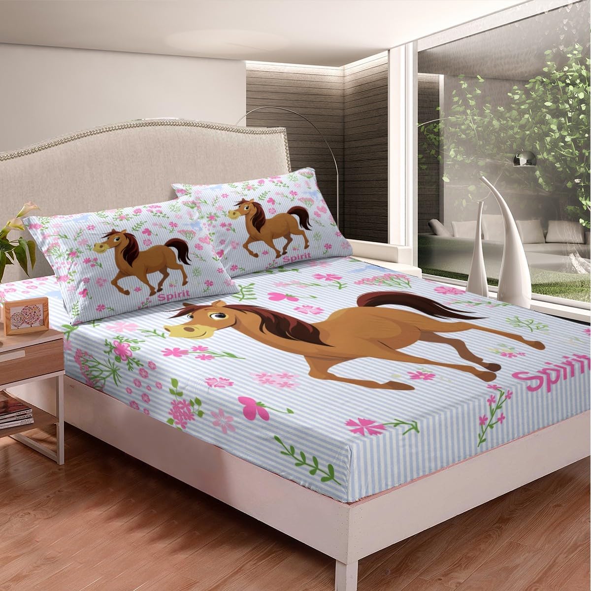 Feelyou Girls Horse Sheet Set Kids Cartoon Farmhorse Floral Bedding Set for Toddler Baby Girl Pink Blue Stripe Bed Sheets Breathable Spirit Horse Animal Bed Sheet Set Room Decor Bed Set Full Size
