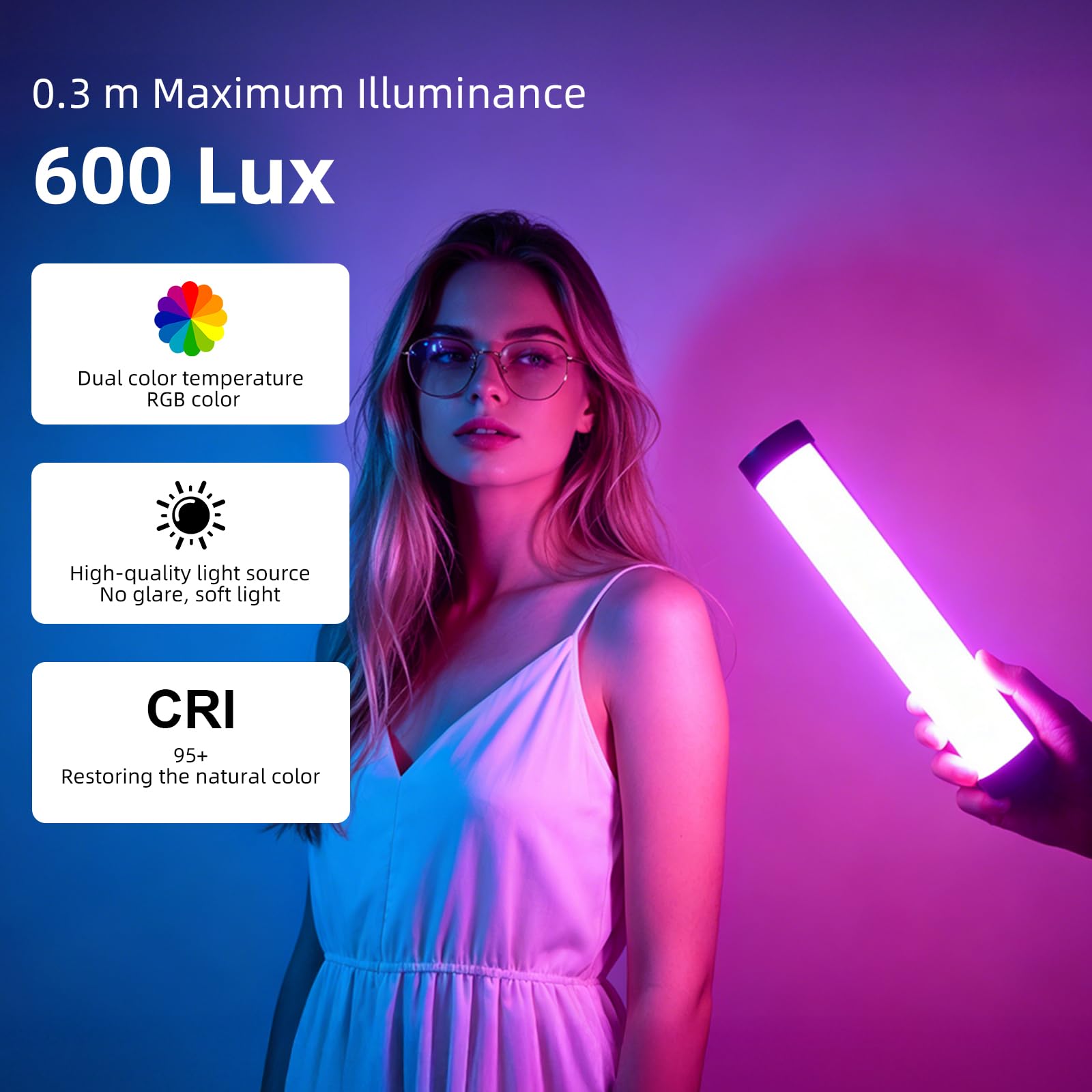 LUXCEO P100 20cm RGB Video Tube LED Light,Baton Lumineux,Magnetic Rechargeable Lightstick Multi-angle Éclairage,Lampe Photo Portable pour Tiktok,Youtube,Tournage Vidéo,Brightness Adjustable,3000/6000K