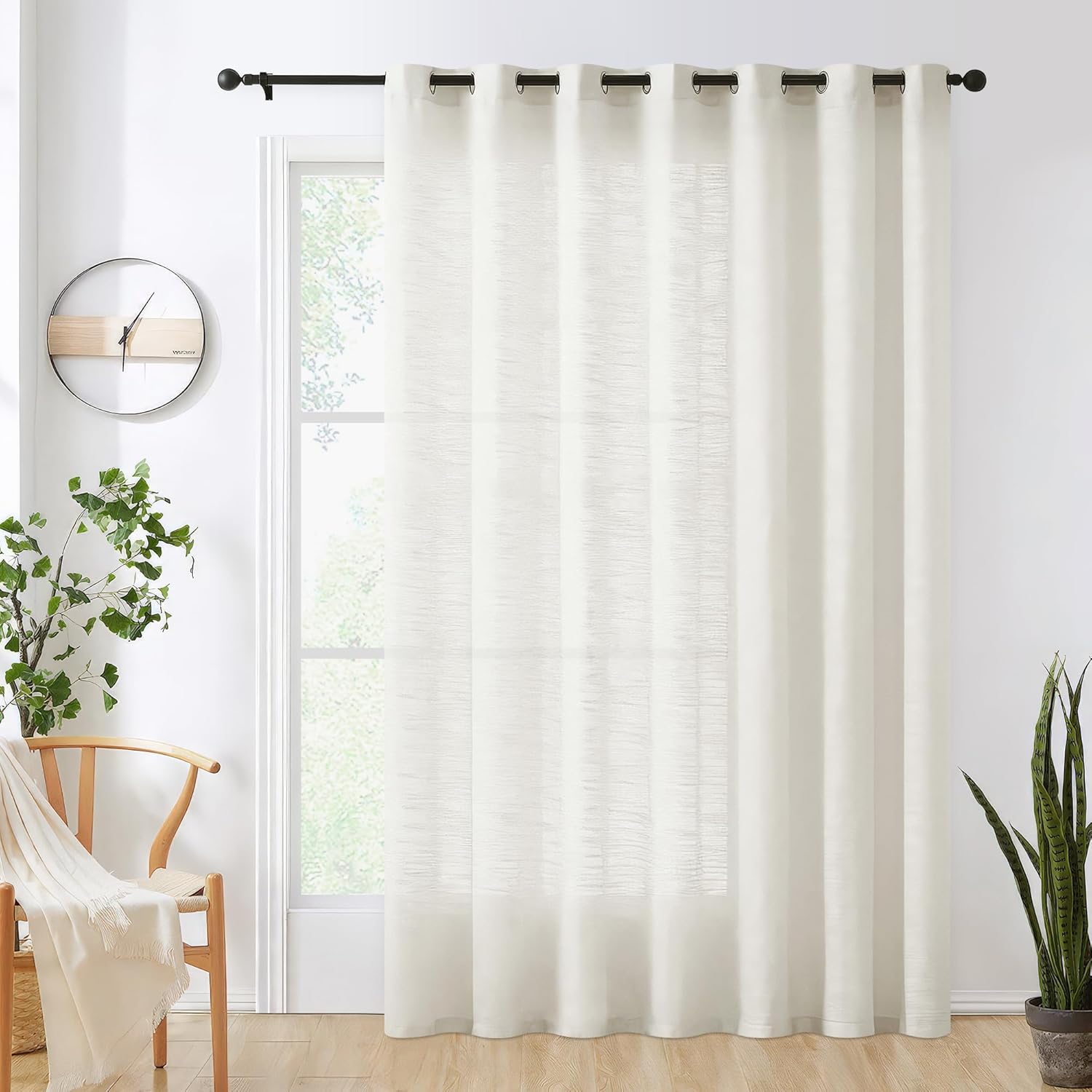 FMFUNCTEX Sheer Linen Curtains for Bedroom Natural 96 inches Long Sliding Door Curtain for Extra Wide Windows White Room Divider Rich Linen Textured Curtain Panels for Living Room Beige 100”w 1 Pack
