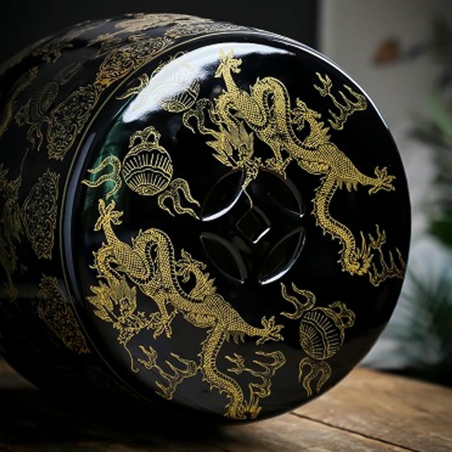 Decorative Ceramic Garden Stool - Chinese Glazed with Gold-Plated Double Dragon Ceramic Drum Stool