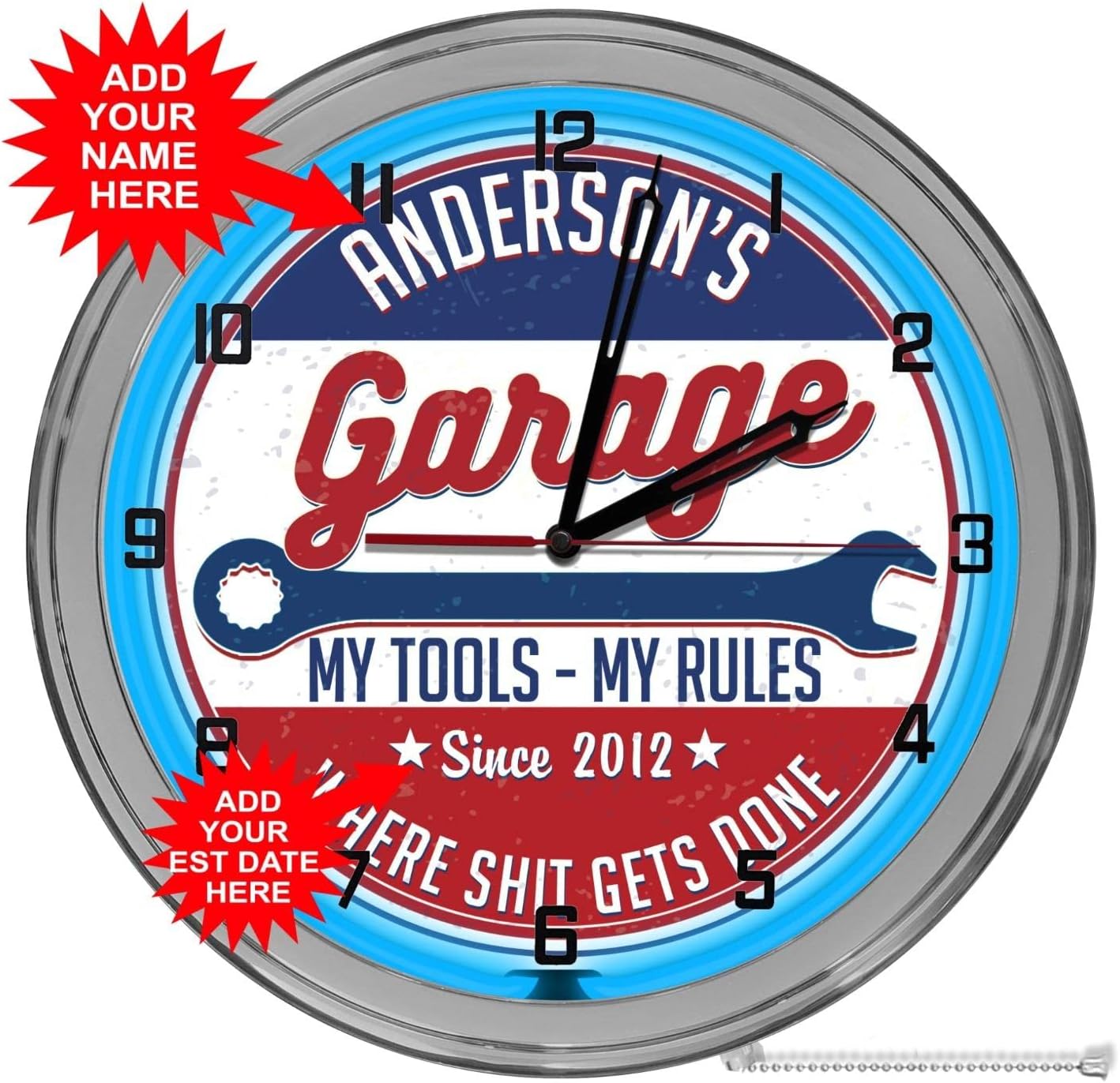 Vintage Garage Rules, Dad's Garage, Customized 16" Red Light Up Neon Clock