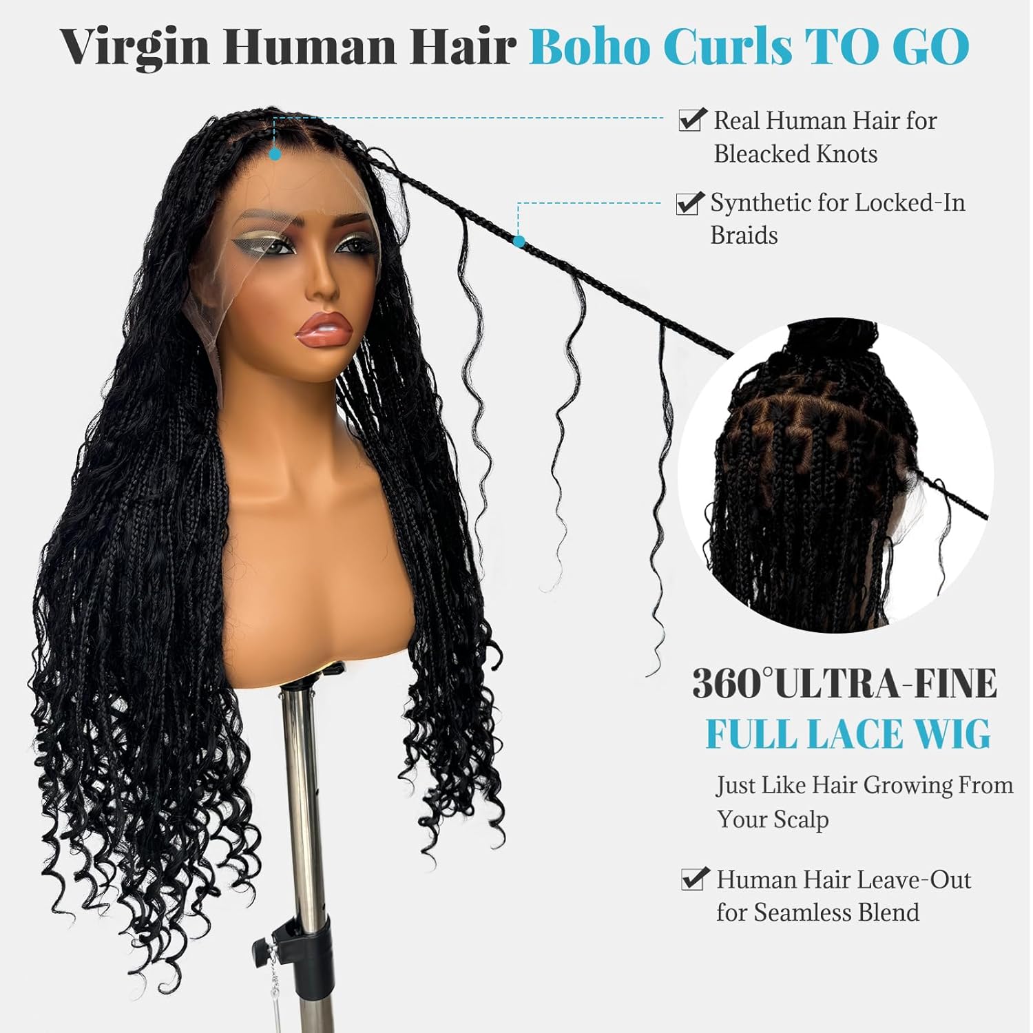 Smartinnov Hair Full Lace Boho Braided Wigs 26 Inches 200% Density Human Hair Blended Synthetic Braids Flexi-Fit Invisi Drawstring Cap Bohemia Box Curls Pre Cut HD Transparent Lace Plucked for Women