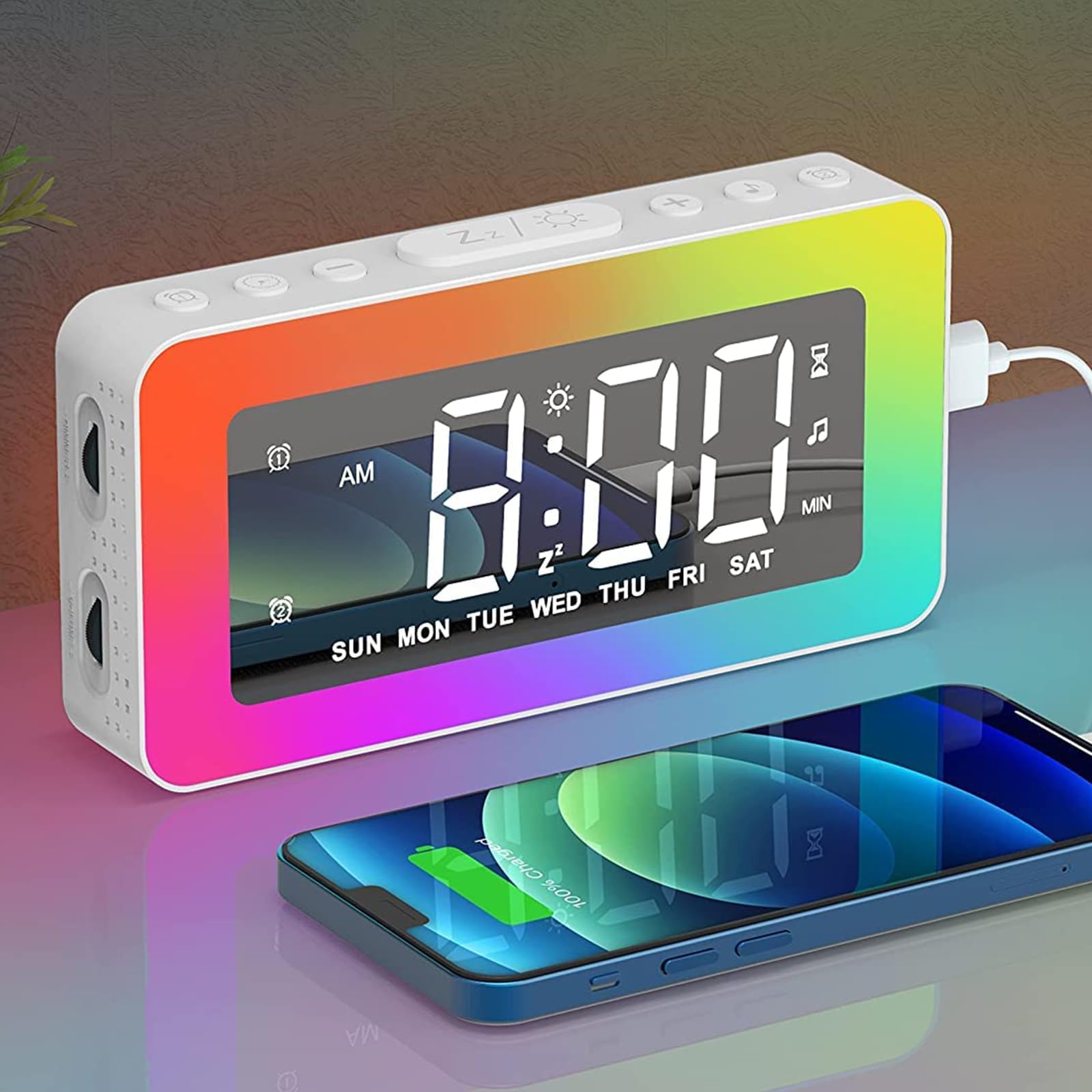 Digital Alarm Clock with RGB Night Lights, Non Ticking Alarm Clocks Bedside with Dual Alarm, LED Alarm Clock with Large Display, Snooze, 0-100% Dimmer, USB Powered, Bedside Clock for Bedrooms