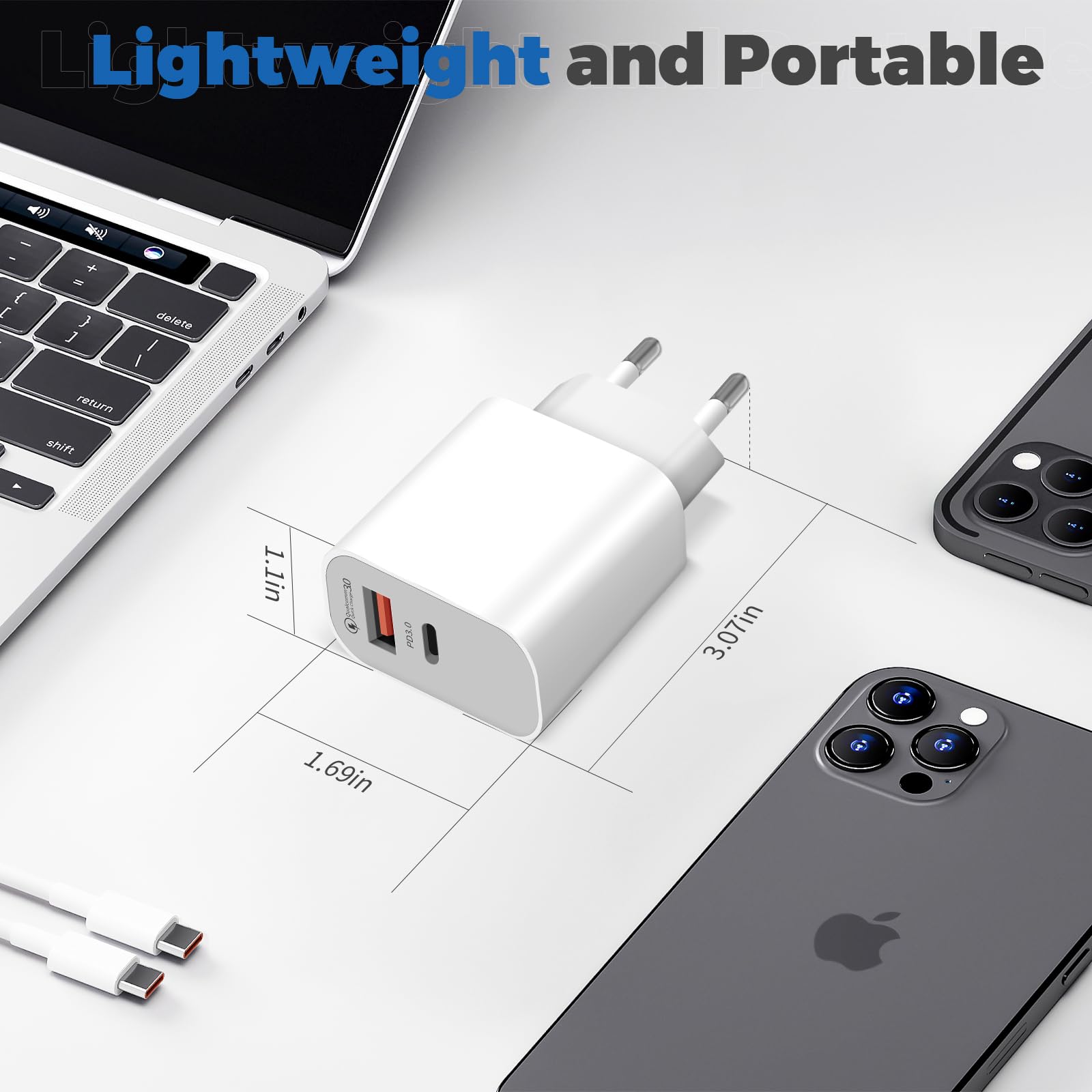 Set 2 Caricatori USB-C 20W + 2 Cavi 1.5m | Ricarica Rapida Per IPhone 15, IPad E Android - Foto 6